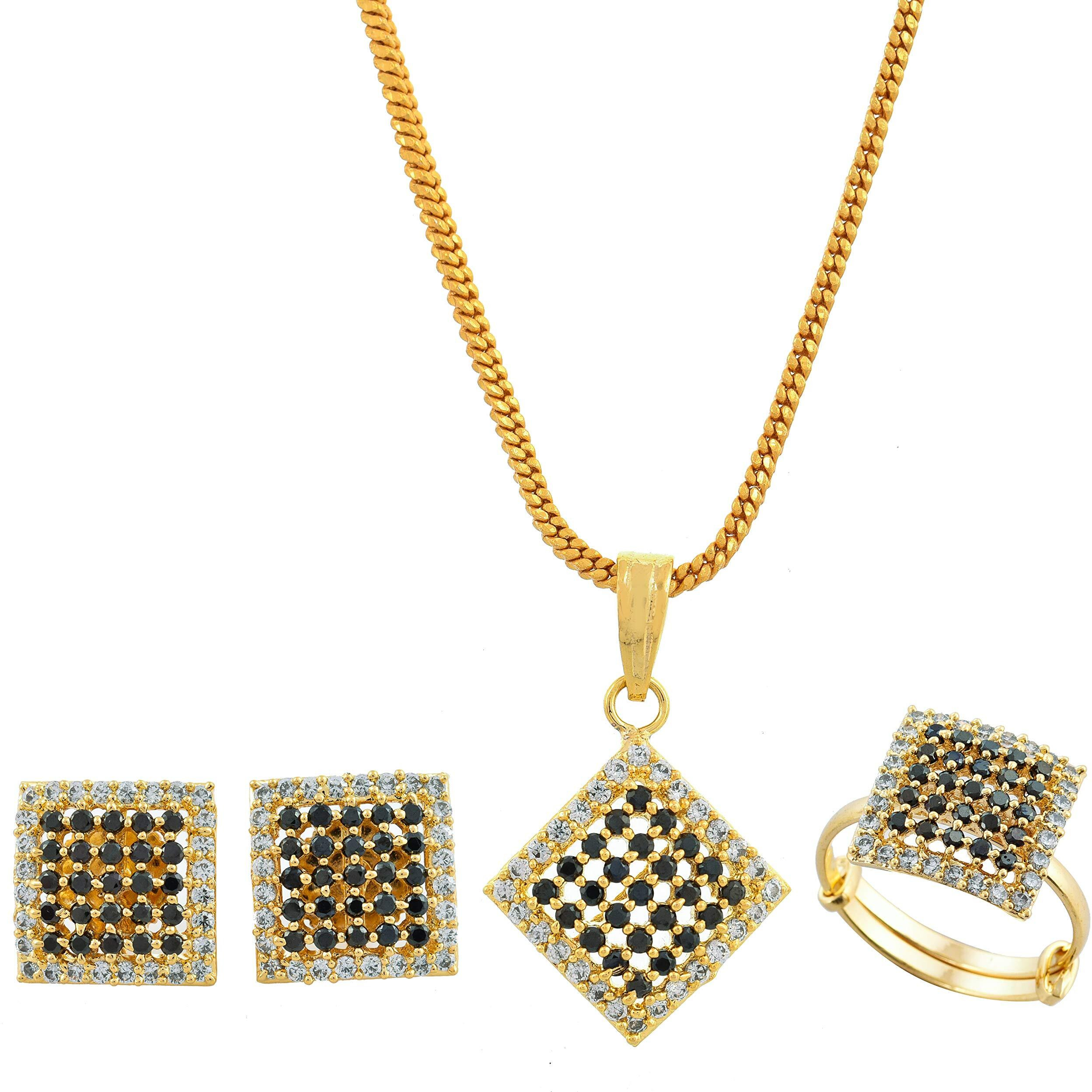 Handicraft Kottage Stone Jewellery Set Necklace With Ring & Earring Imitation Gold Plated Set for Women & Girls