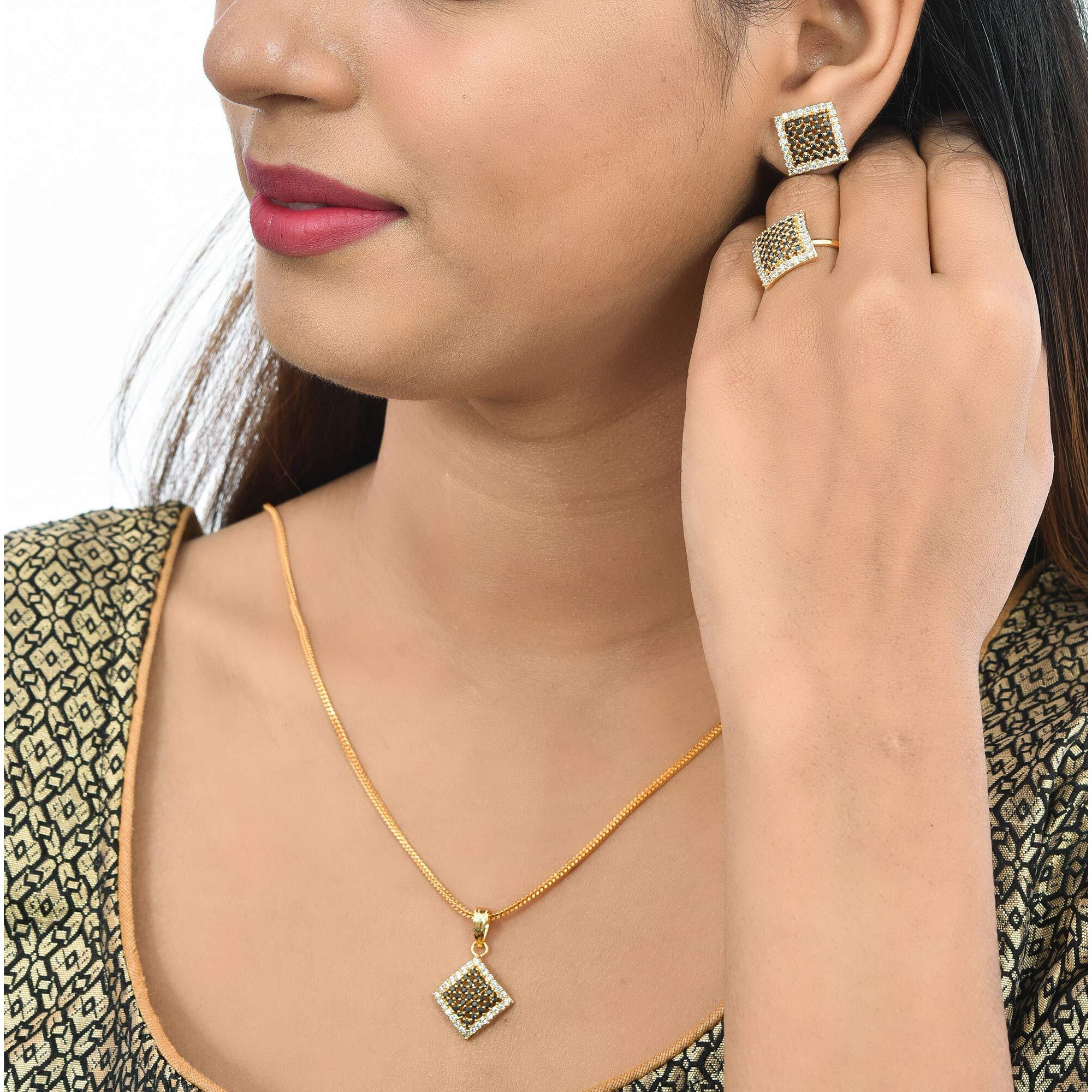 Handicraft Kottage Stone Jewellery Set Necklace With Ring & Earring Imitation Gold Plated Set for Women & Girls
