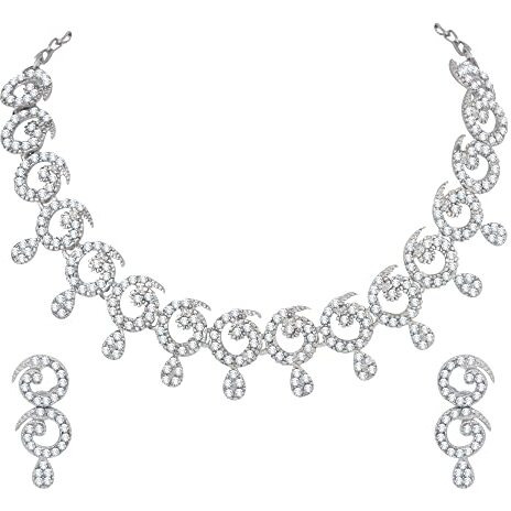 Atasi International Rhinestone Silver-Plated Jewellery Set/Necklace for Women (White) (R140)