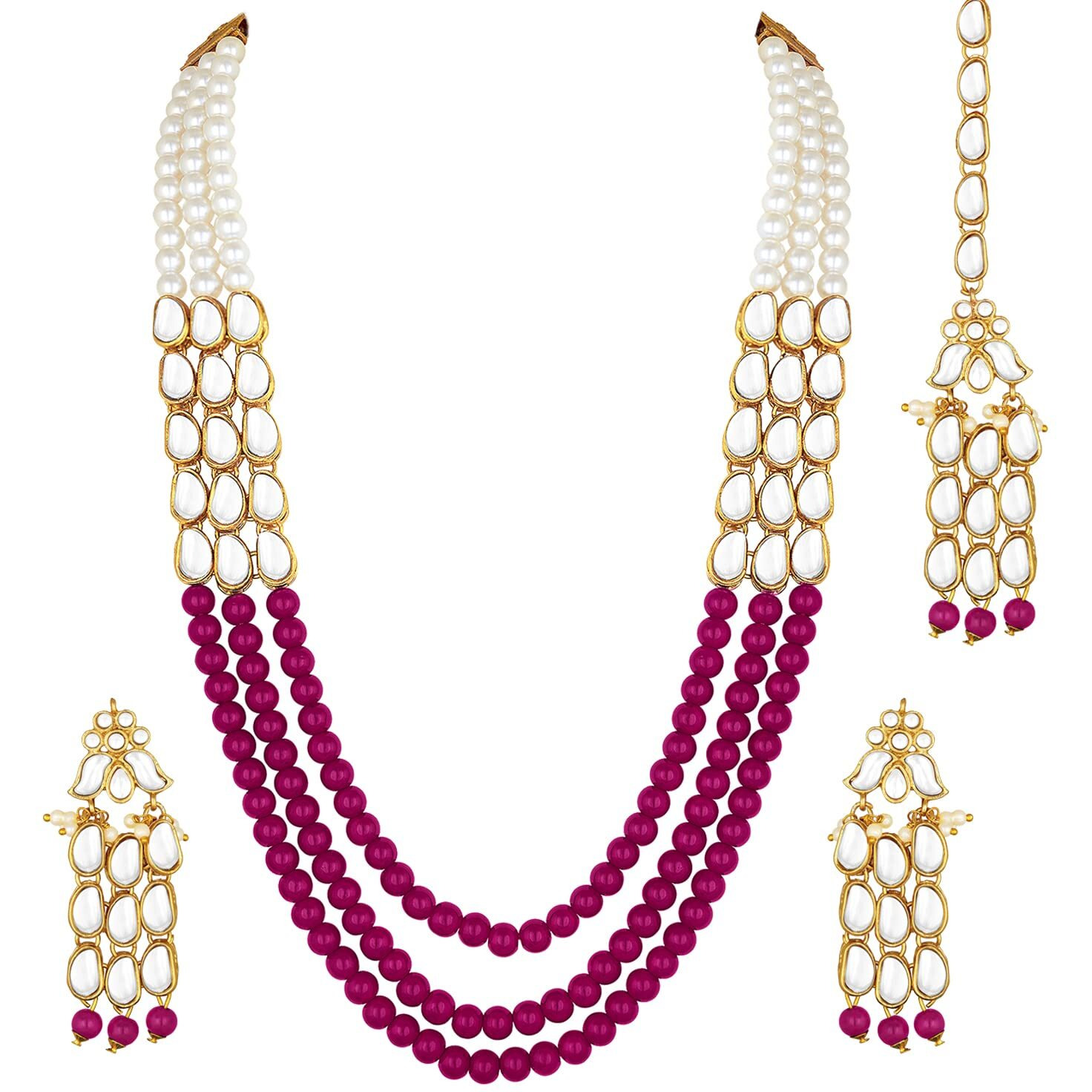 Peora Gold Plated Rani Pink Kundan Pearl Long Necklace with Earring Maang Tikka Traditional Jewellery Set for Women Girls