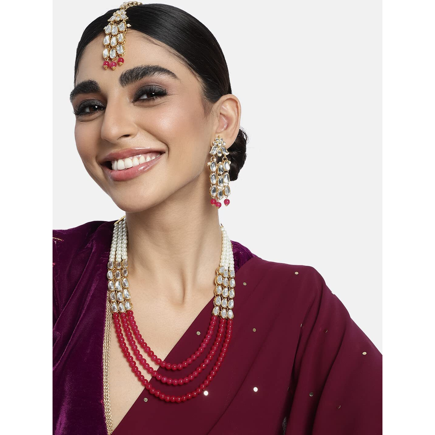 Peora Gold Plated Rani Pink Kundan Pearl Long Necklace with Earring Maang Tikka Traditional Jewellery Set for Women Girls