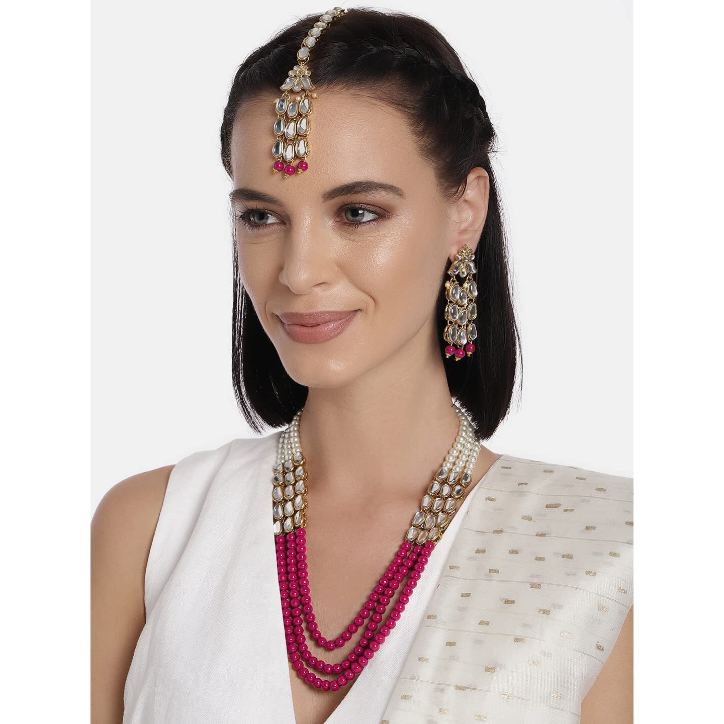 Peora Gold Plated Rani Pink Kundan Pearl Long Necklace with Earring Maang Tikka Traditional Jewellery Set for Women Girls