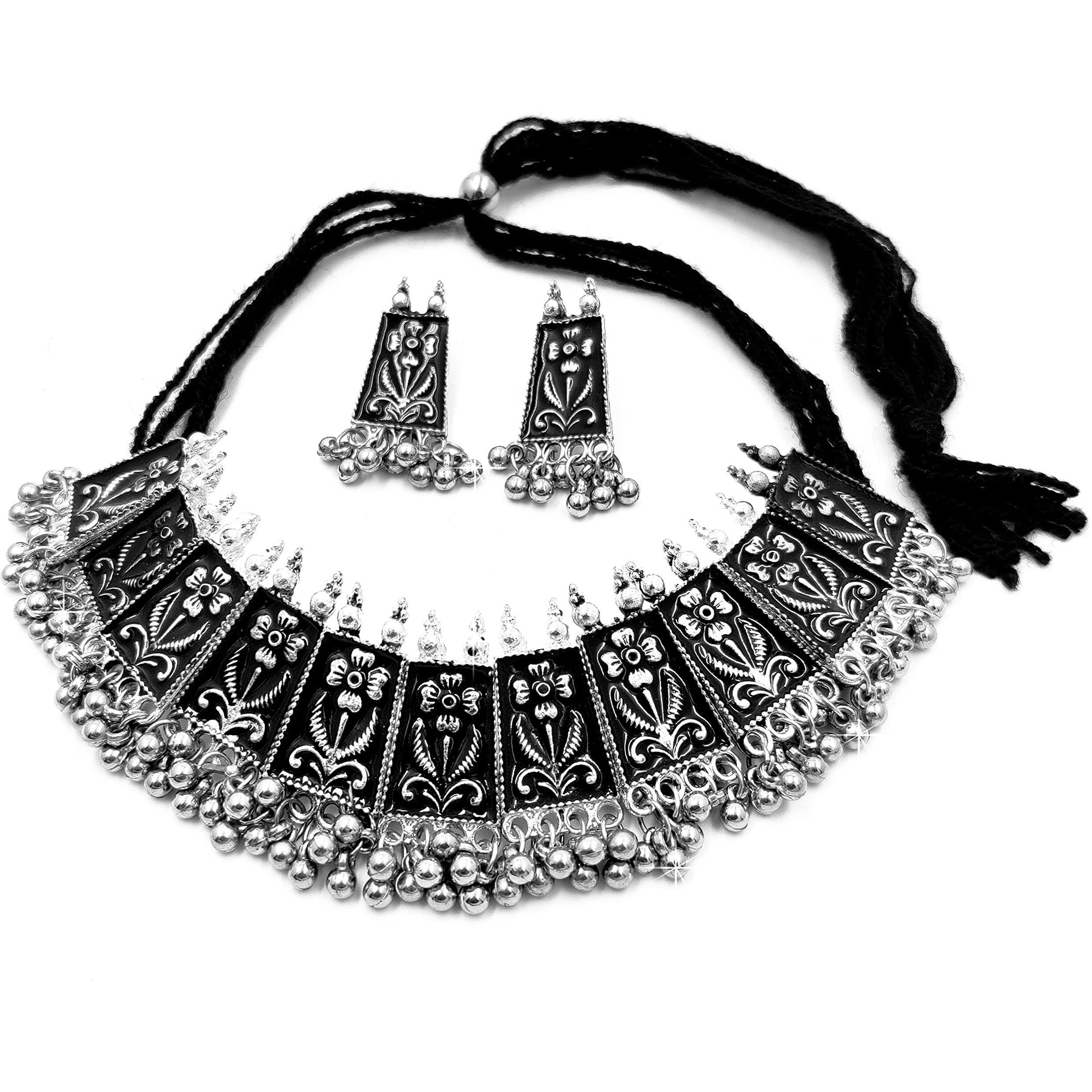 LACUM Faishon Jewellery Oxidised German Silver Brass Peacock Chocker Necklace Set for Women & Girls Silver (LAC149NOS07) (Peacock_beads)