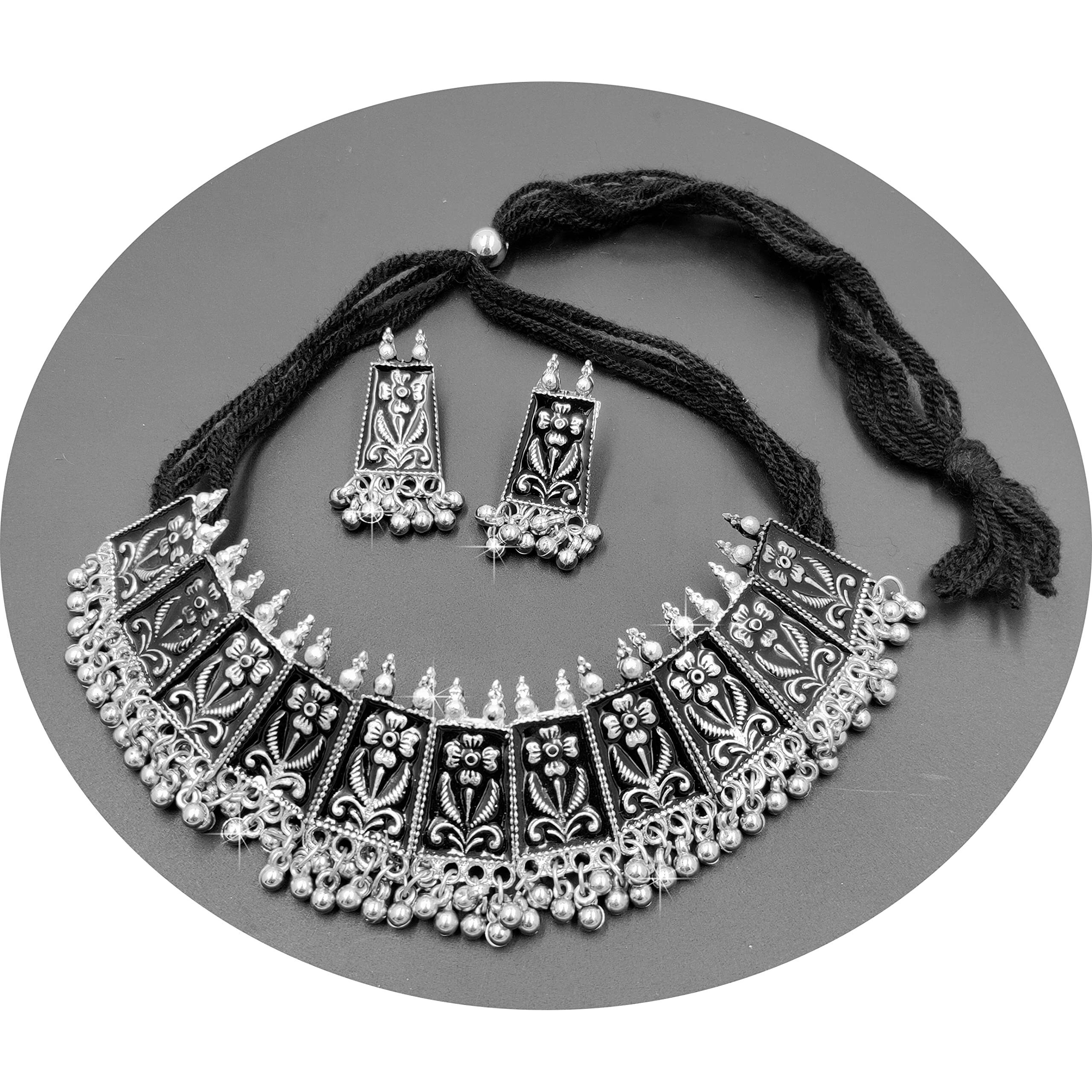 LACUM Faishon Jewellery Oxidised German Silver Brass Peacock Chocker Necklace Set for Women & Girls Silver (LAC149NOS07) (Peacock_beads)