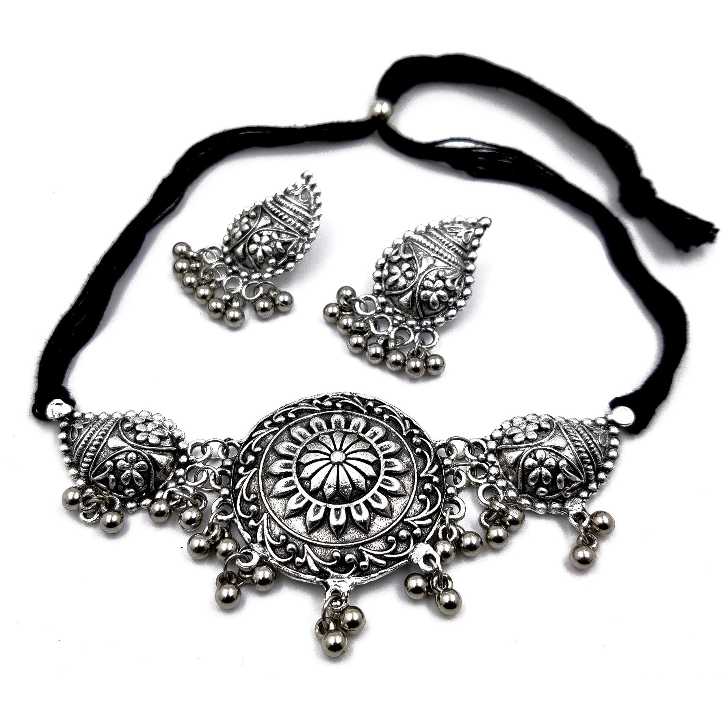 Lacum Faishon Jewellery Oxidised German Silver Traditional Chocker Necklace Set For Women & Girls Silver (Lac149Nos07) (Silver_3P)