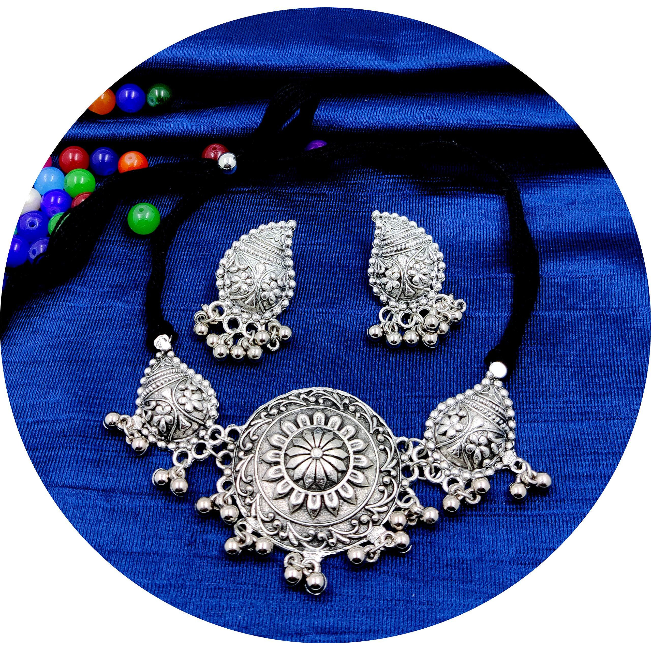 Lacum Faishon Jewellery Oxidised German Silver Traditional Chocker Necklace Set For Women & Girls Silver (Lac149Nos07) (Silver_3P)
