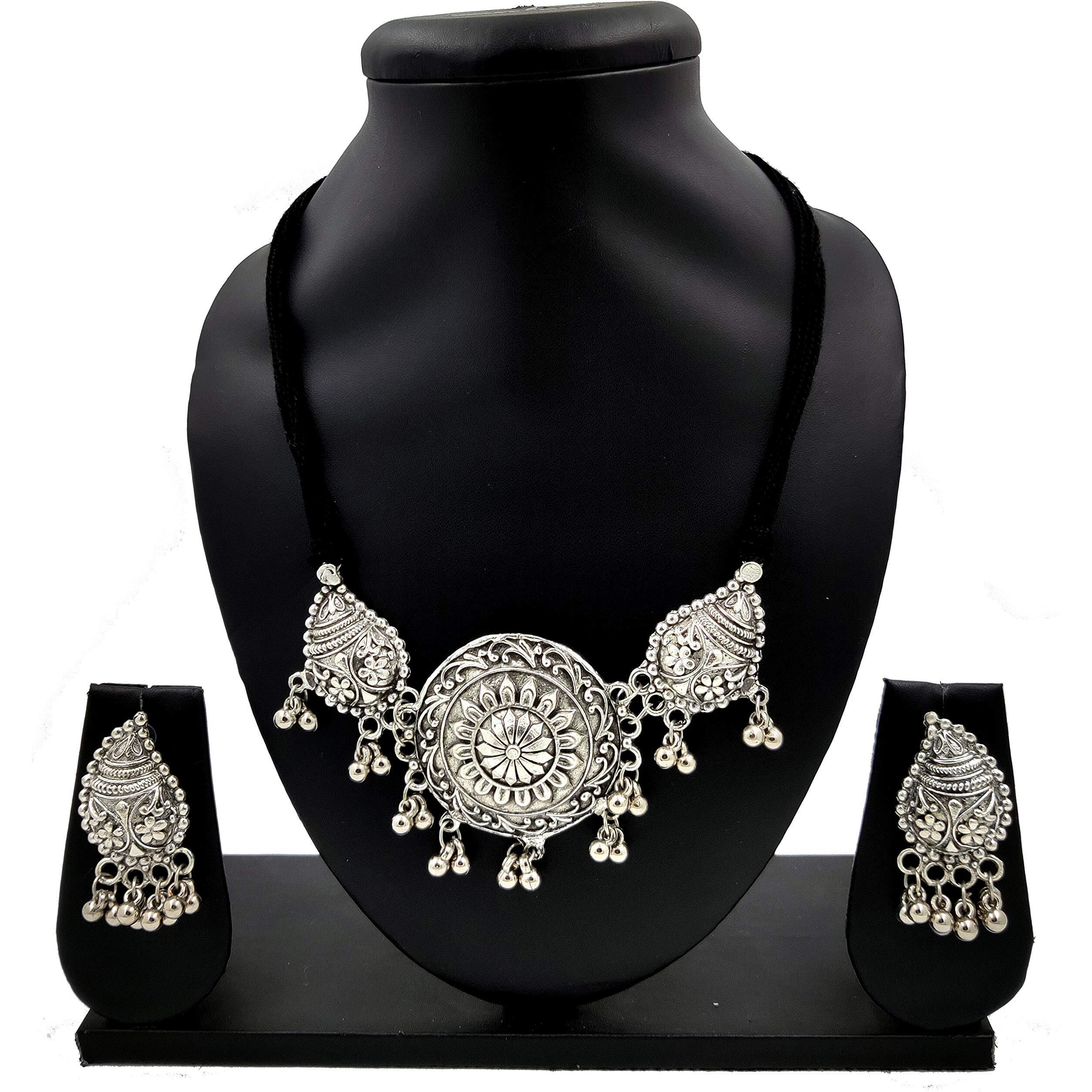 Lacum Faishon Jewellery Oxidised German Silver Traditional Chocker Necklace Set For Women & Girls Silver (Lac149Nos07) (Silver_3P)