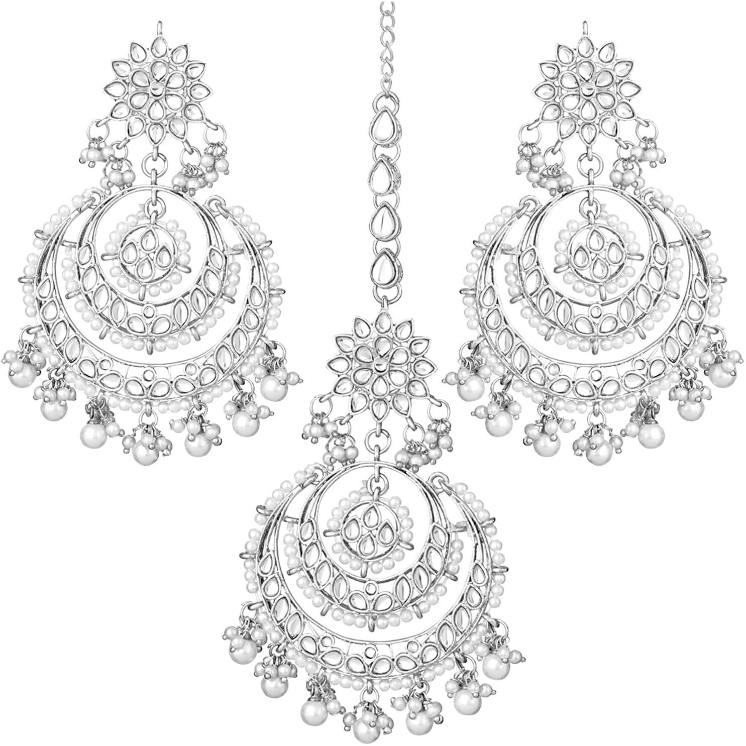 Peora Traditional Rhodium White Kundan & Pearl Maang Tikka with Chandbali Earring Jewellery Set for Women Girls
