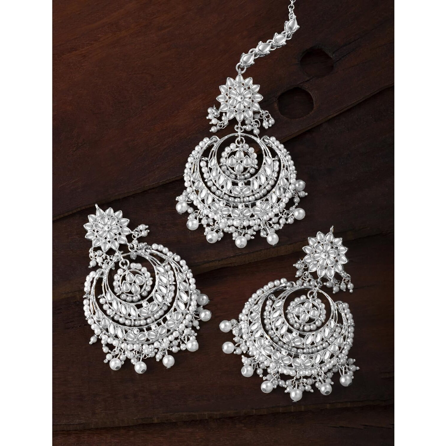 Peora Traditional Rhodium White Kundan & Pearl Maang Tikka with Chandbali Earring Jewellery Set for Women Girls