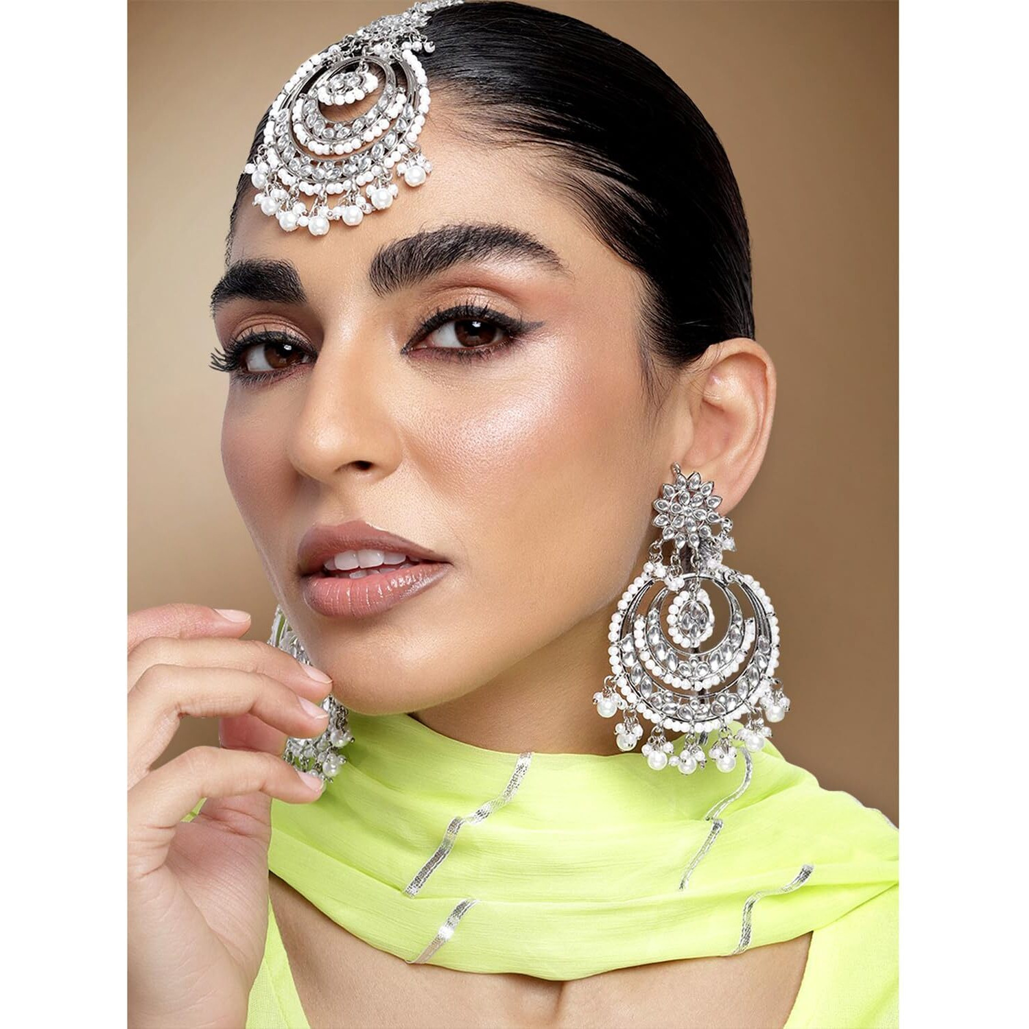 Peora Traditional Rhodium White Kundan & Pearl Maang Tikka with Chandbali Earring Jewellery Set for Women Girls