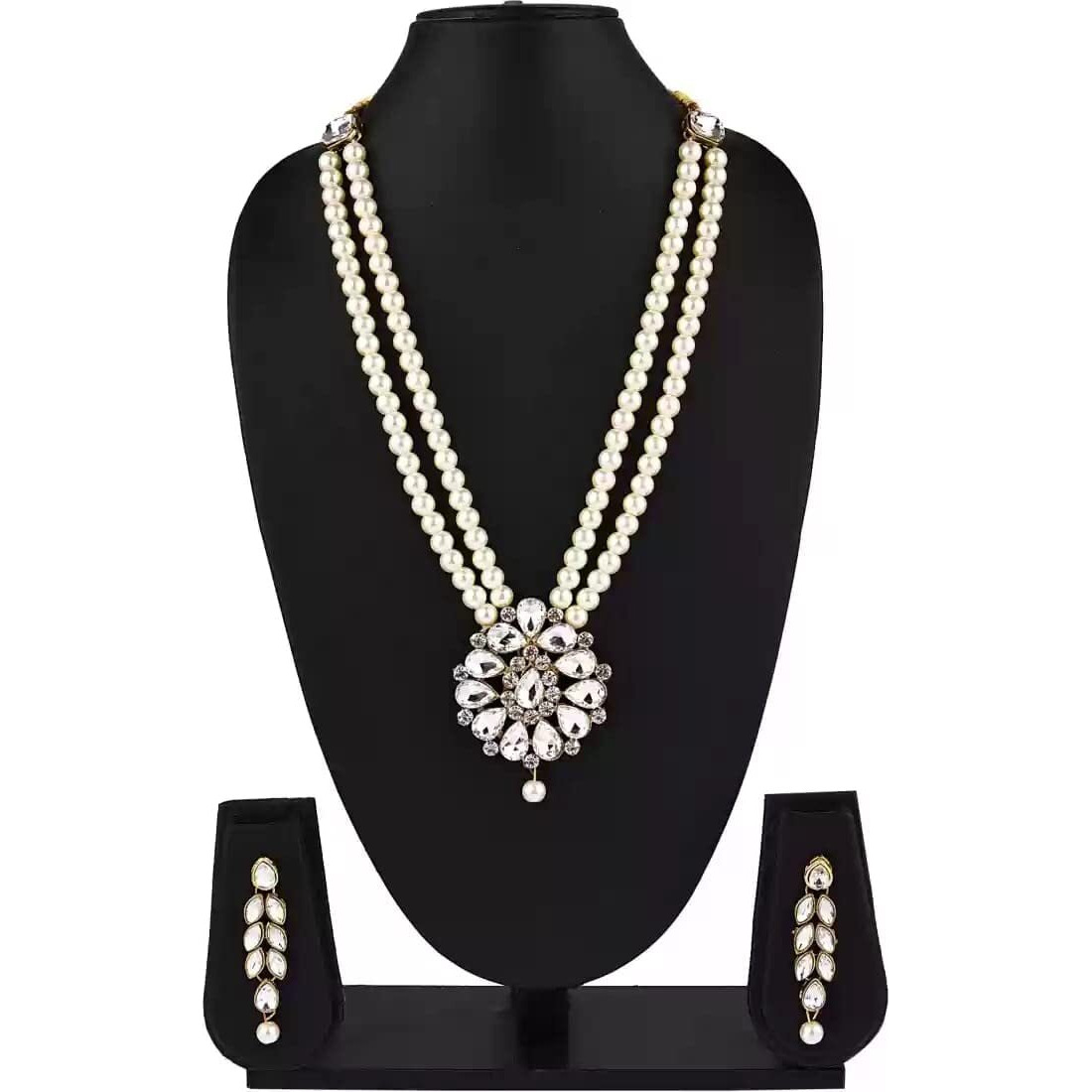 Handicraft Kottage Pearl Long Necklace Earring Set for Women And Girls Indian Traditional Jewellery Wedding (White)
