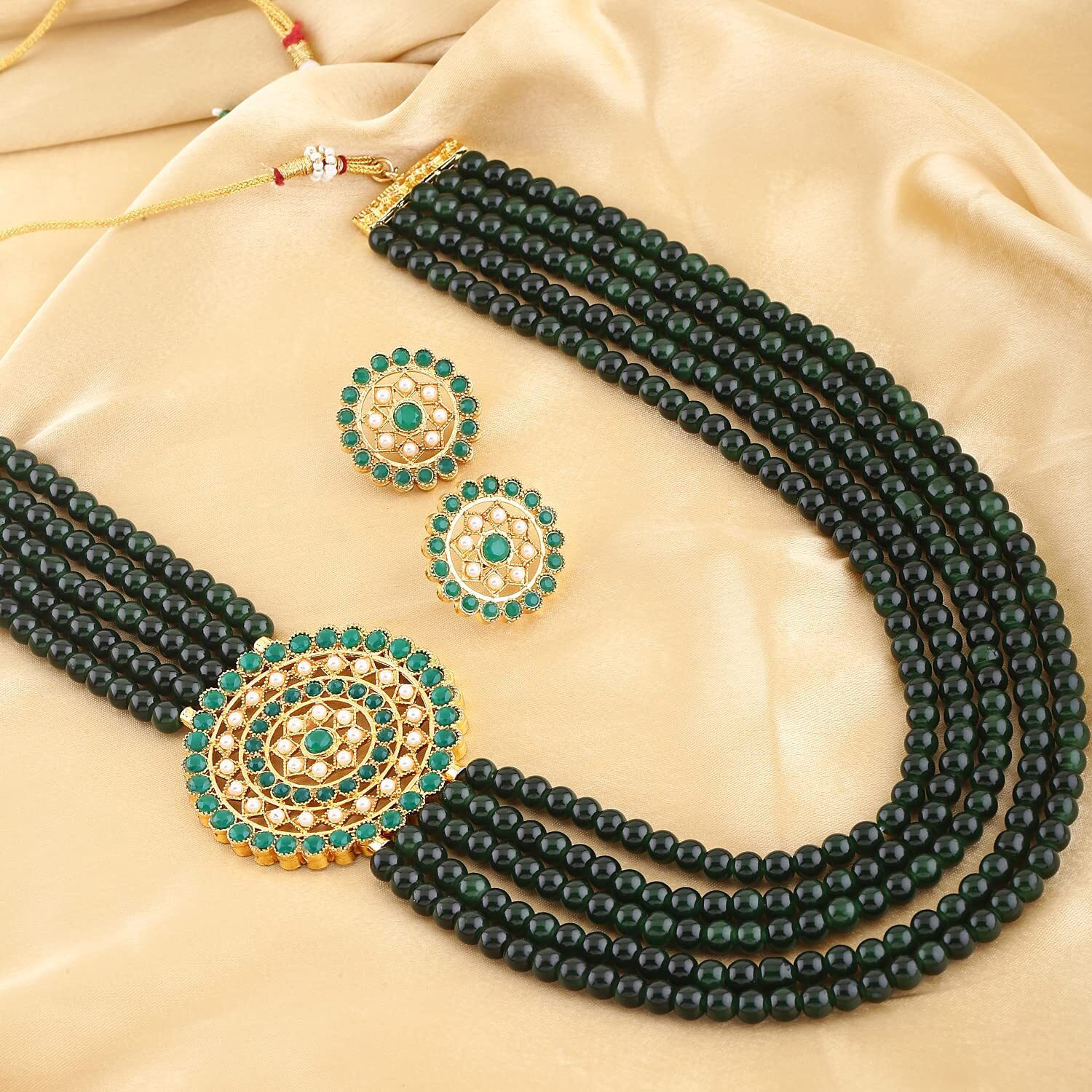 Shining Diva Fashion Latest Stylish Fancy Long Traditional Pearl Necklace Jewellery Set for Women (12460s), Green, One