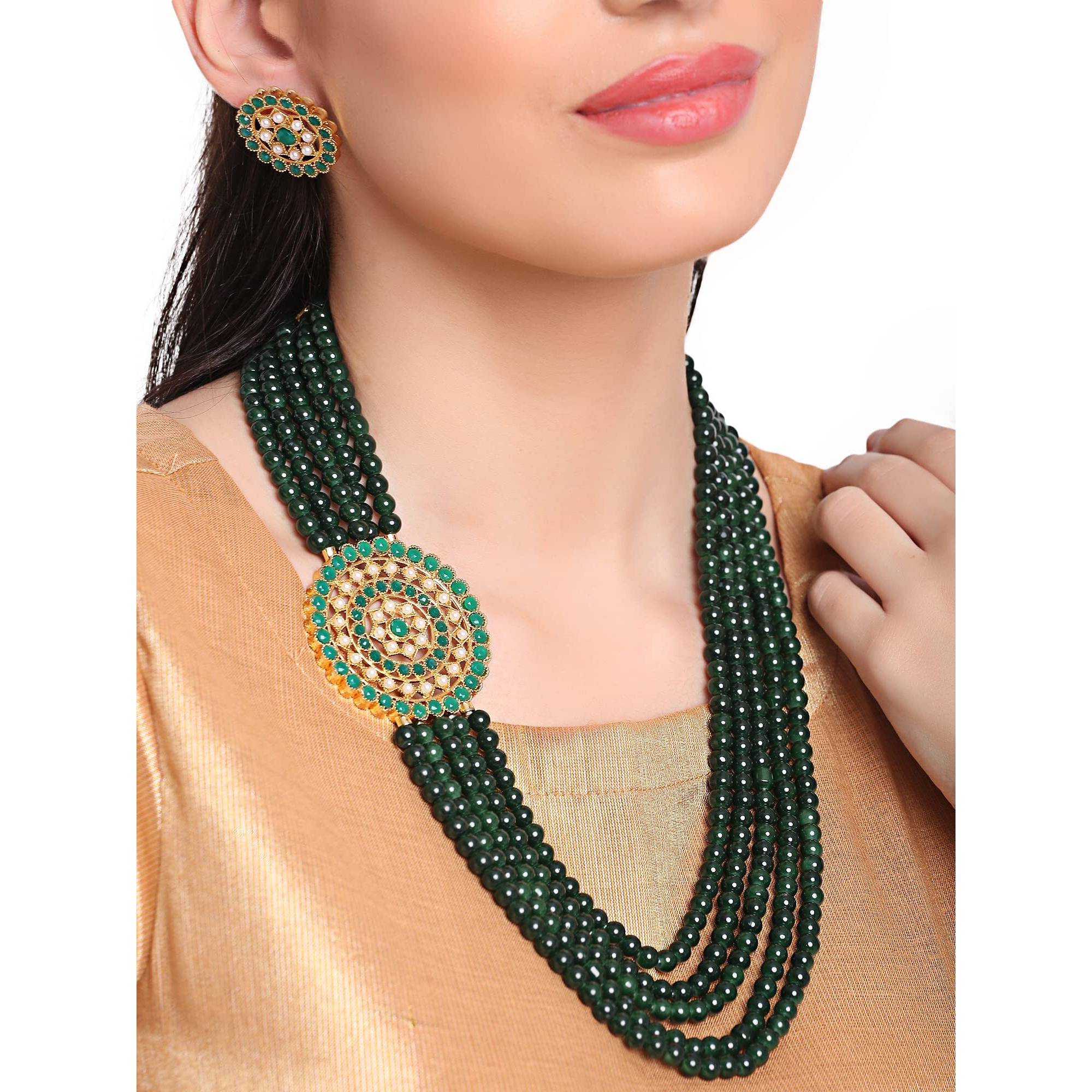 Shining Diva Fashion Latest Stylish Fancy Long Traditional Pearl Necklace Jewellery Set for Women (12460s), Green, One