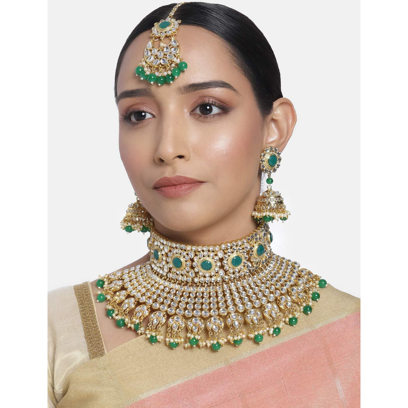 Peora Gold Plated Kundan Pearl Bridal Choker Necklace Traditional Jewellery Set for Women Girls
