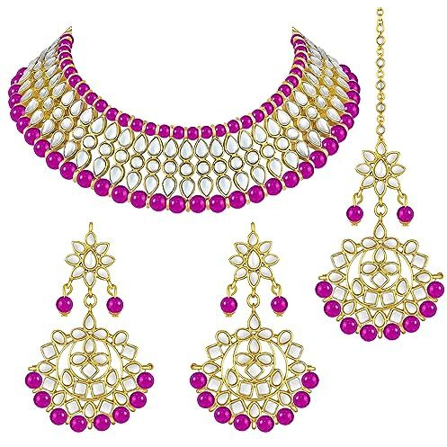 Peora Gold Plated White Pearl Kundan Choker Necklace with Earring Maang Tikka Traditional Jewellery Set for Women