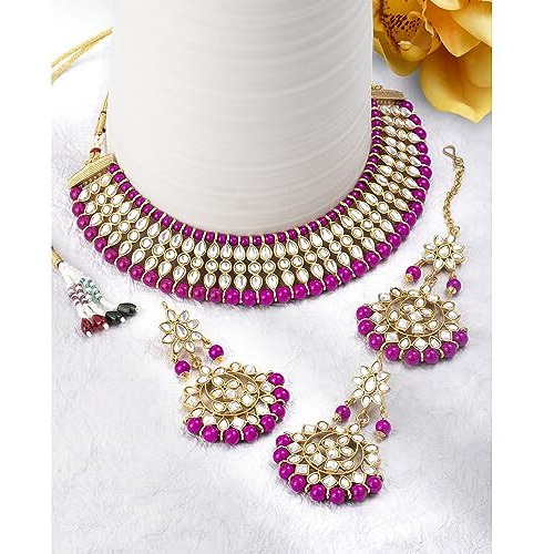 Peora Gold Plated White Pearl Kundan Choker Necklace with Earring Maang Tikka Traditional Jewellery Set for Women