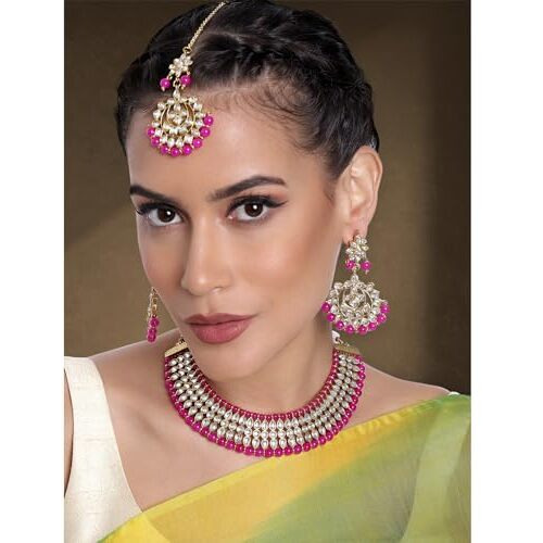 Peora Gold Plated White Pearl Kundan Choker Necklace with Earring Maang Tikka Traditional Jewellery Set for Women