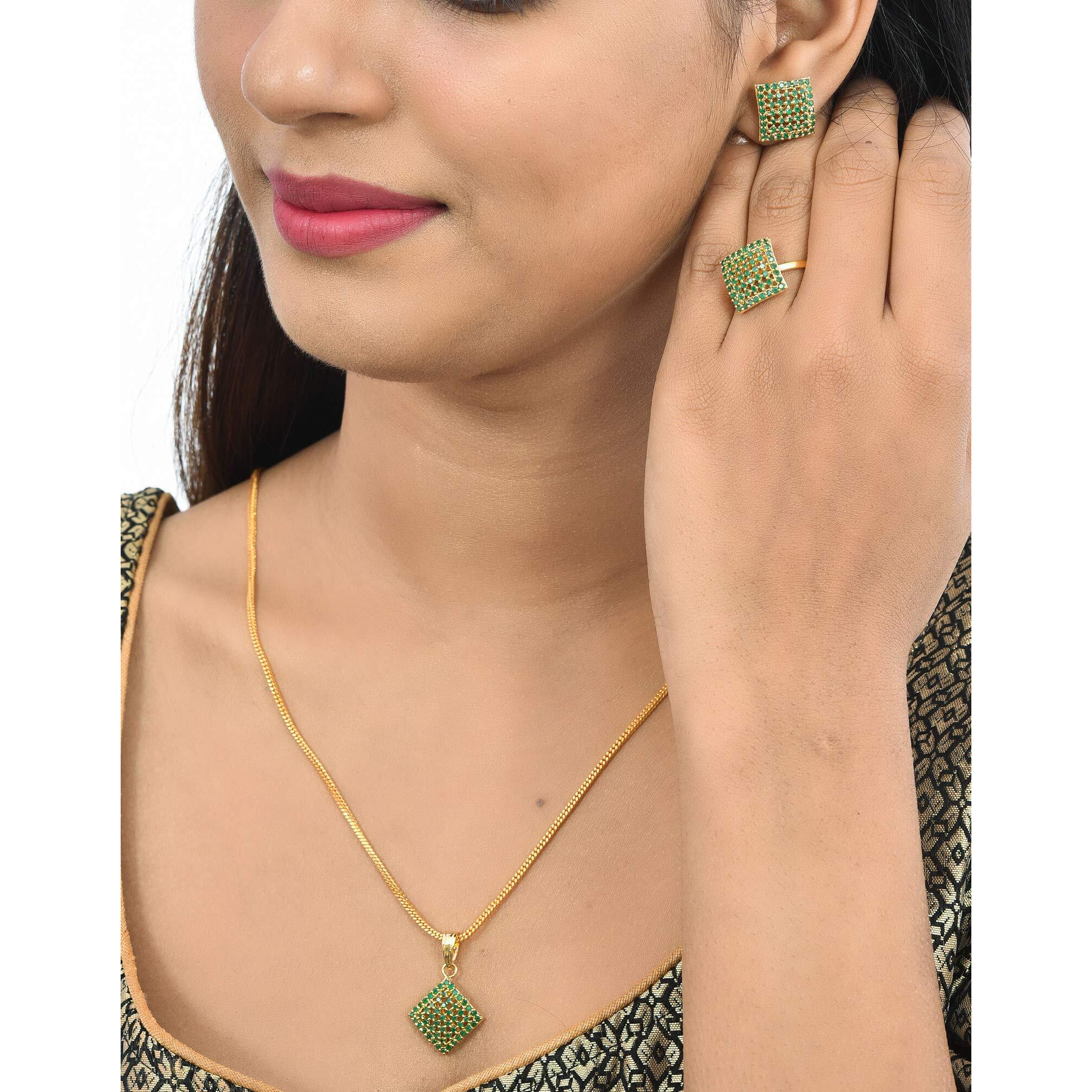 Handicraft Kottage Stone Jewellery Set Necklace With Ring & Earring Imitation Gold Plated Set for Women & Girls