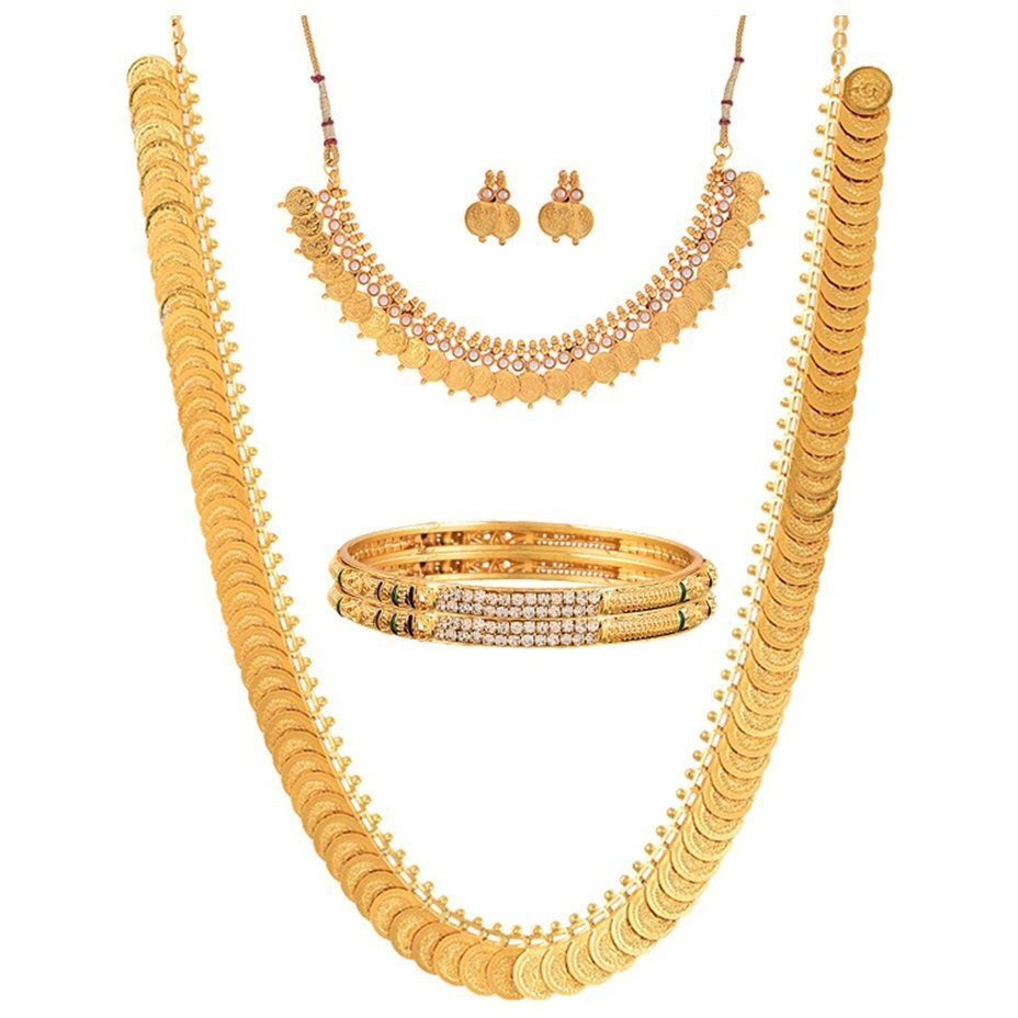 ZENEME Gold Plated Long Traditional Haram and White Temple Coin Choker Necklace with Earring, Bangles Jewellery Set For Women & Girls