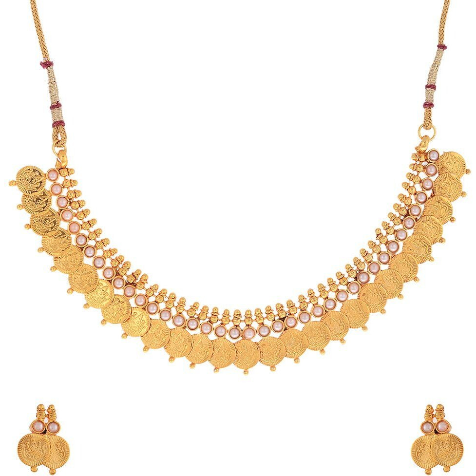 ZENEME Gold Plated Long Traditional Haram and White Temple Coin Choker Necklace with Earring, Bangles Jewellery Set For Women & Girls