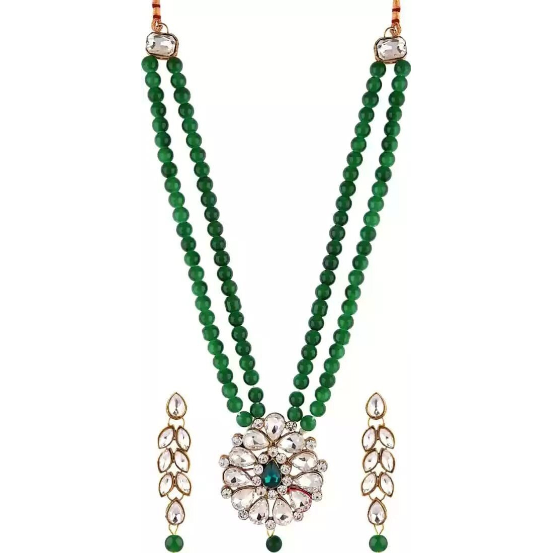 Handicraft Kottage Pearl Long Necklace Earring Set for Women And Girls Indian Traditional Jewellery Wedding (Green)