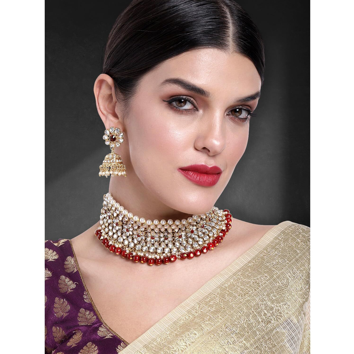 Peora Wedding Kundan Faux Pearl Choker Necklace Earring Traditional Jewellery Set for Women