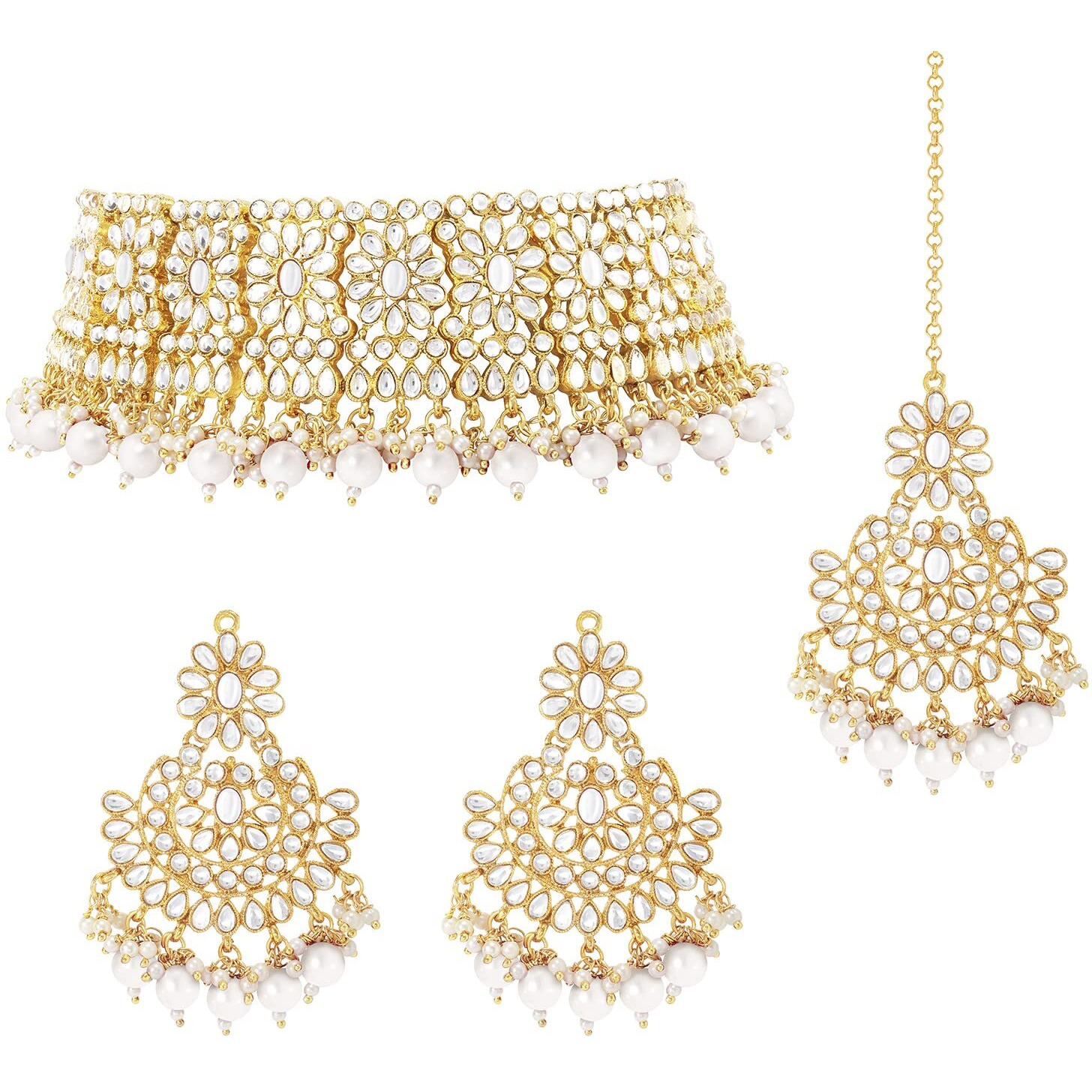 Peora Gold Plated Kundan Studded Choker Necklace Earrings & Maang Tikka Set Wedding Jewellery Set For Girls & Women (White)