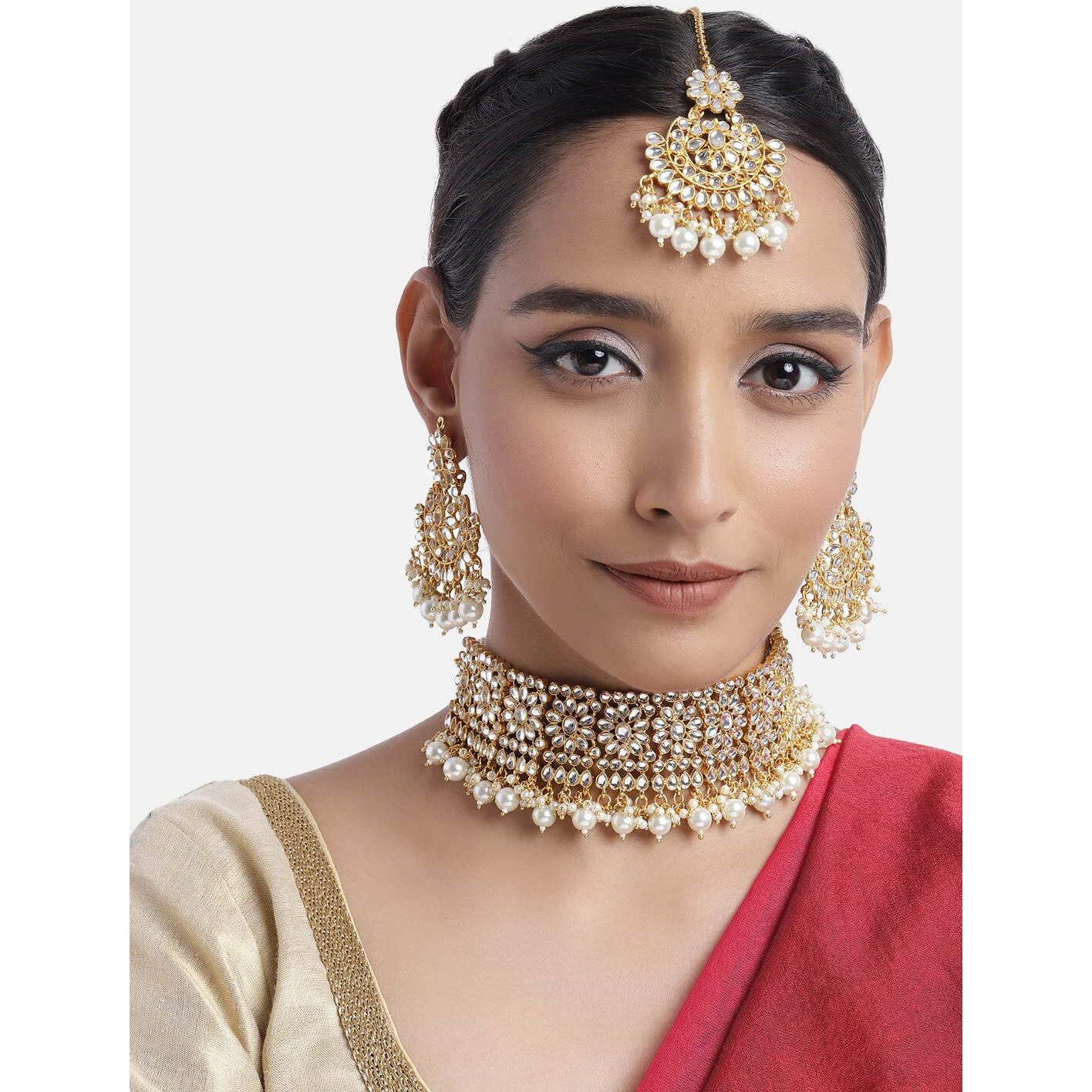 Peora Gold Plated Kundan Studded Choker Necklace Earrings & Maang Tikka Set Wedding Jewellery Set For Girls & Women (White)