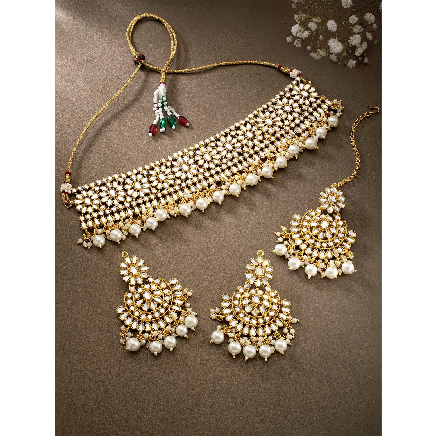 Peora Gold Plated Kundan Studded Choker Necklace Earrings & Maang Tikka Set Wedding Jewellery Set For Girls & Women (White)