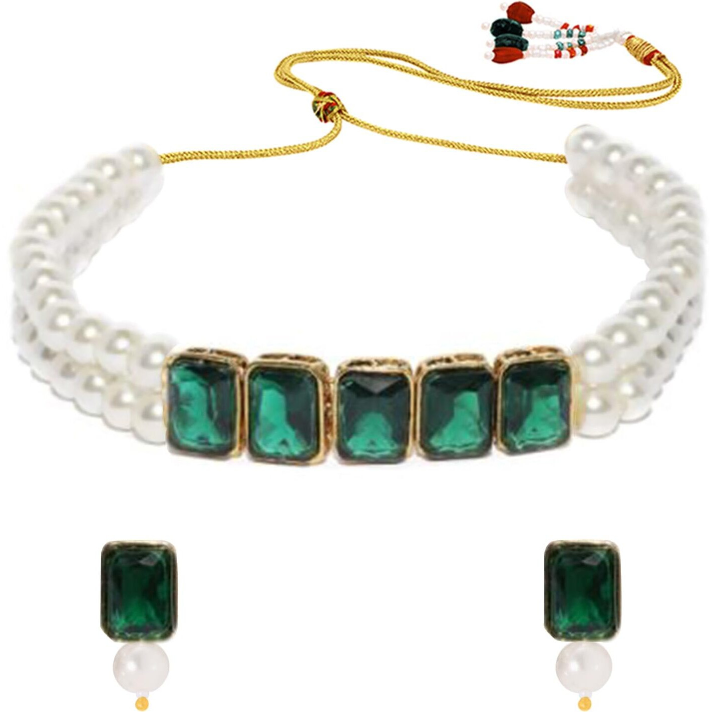 Peora Womens Gold Plated Green Crystal Pearl Choker Necklace with Earrings Set