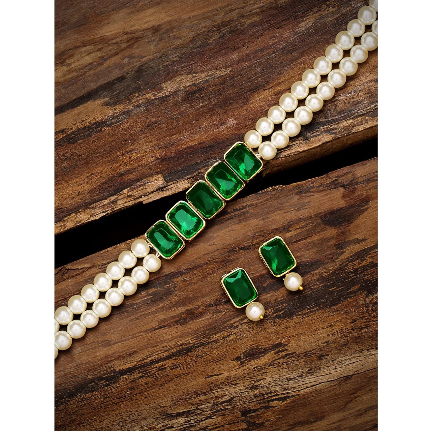 Peora Womens Gold Plated Green Crystal Pearl Choker Necklace with Earrings Set