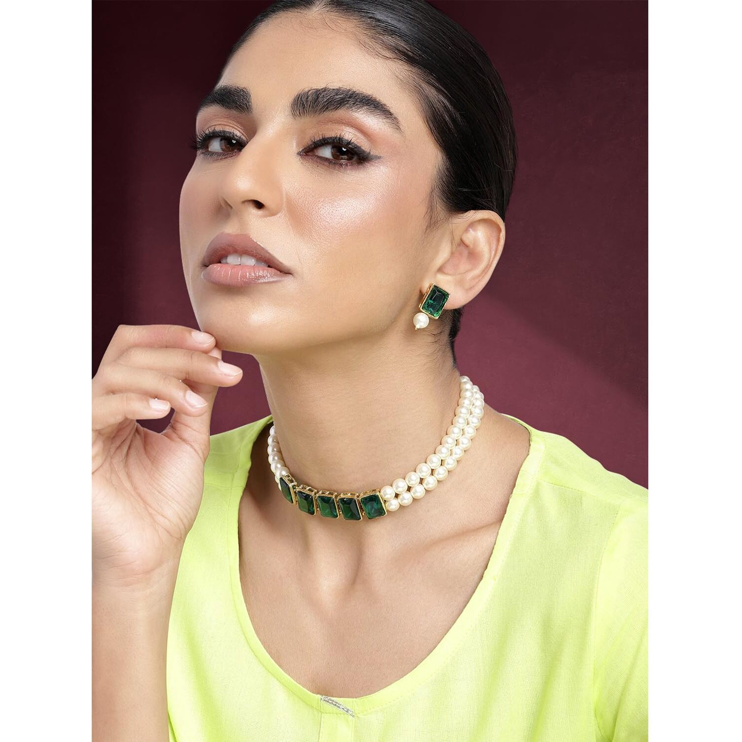 Peora Womens Gold Plated Green Crystal Pearl Choker Necklace with Earrings Set