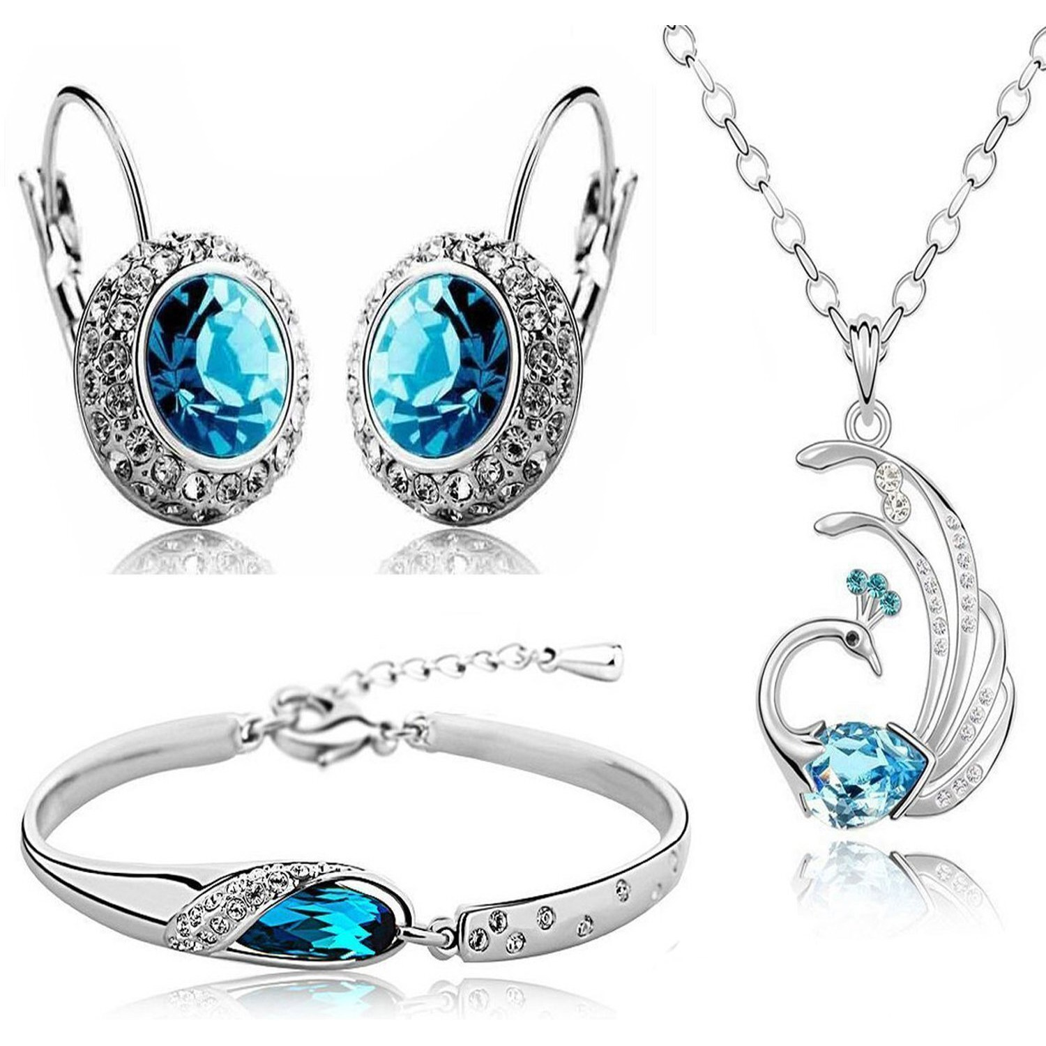 Valentine Gift By Shining Diva Blue Crystal Combo Jewellery of Necklace Set/Pendant Set With Earrings & Bracelet For Women & Girls (Silver) (vgcmb177)