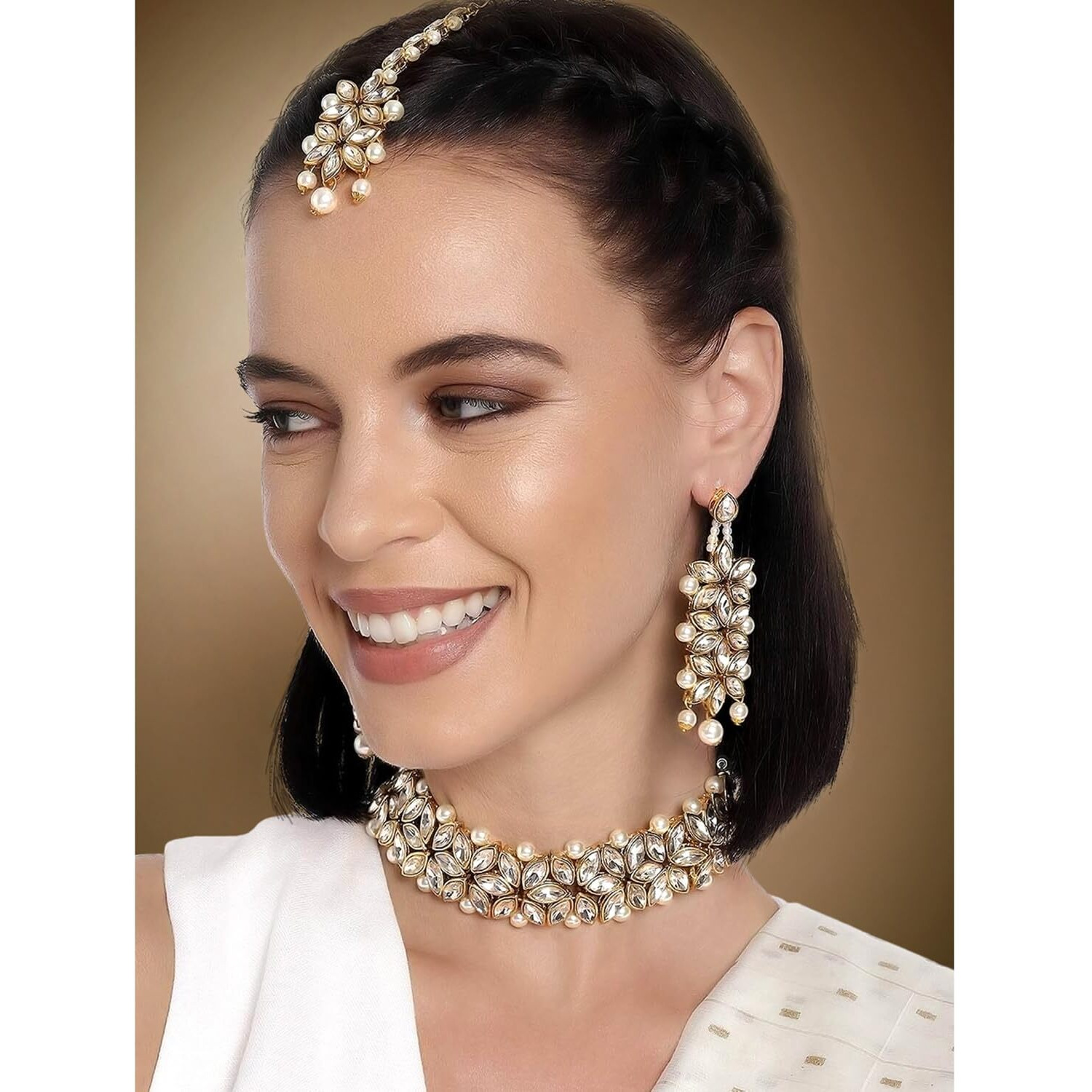 Peora Traditional Gold Plated Kundan Pearl Bridal Choker Necklace Jewellery Set with Earring Maang Tikka for Women Girls