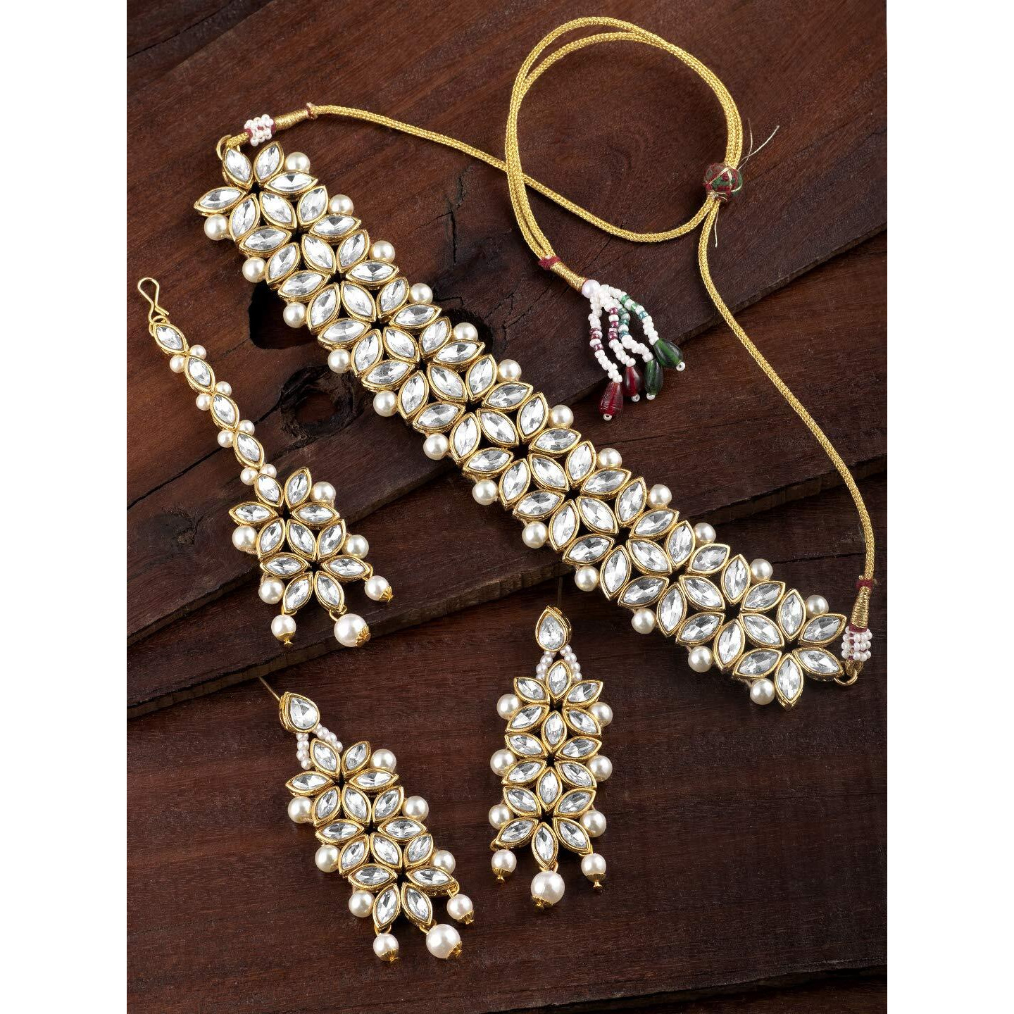 Peora Traditional Gold Plated Kundan Pearl Bridal Choker Necklace Jewellery Set with Earring Maang Tikka for Women Girls