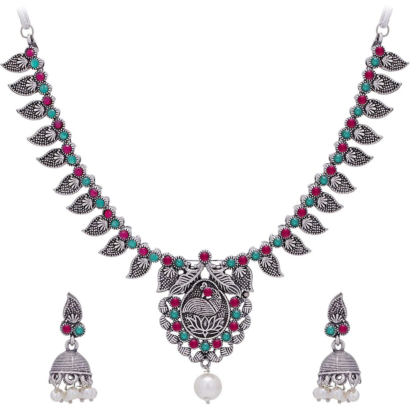 Sukkhi Adorable Oxidised Colour Stone Collar Necklace Set For Women (NS102082) Pink & Green