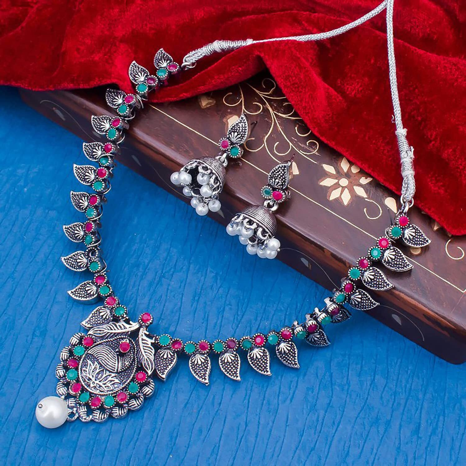 Sukkhi Adorable Oxidised Colour Stone Collar Necklace Set For Women (NS102082) Pink & Green