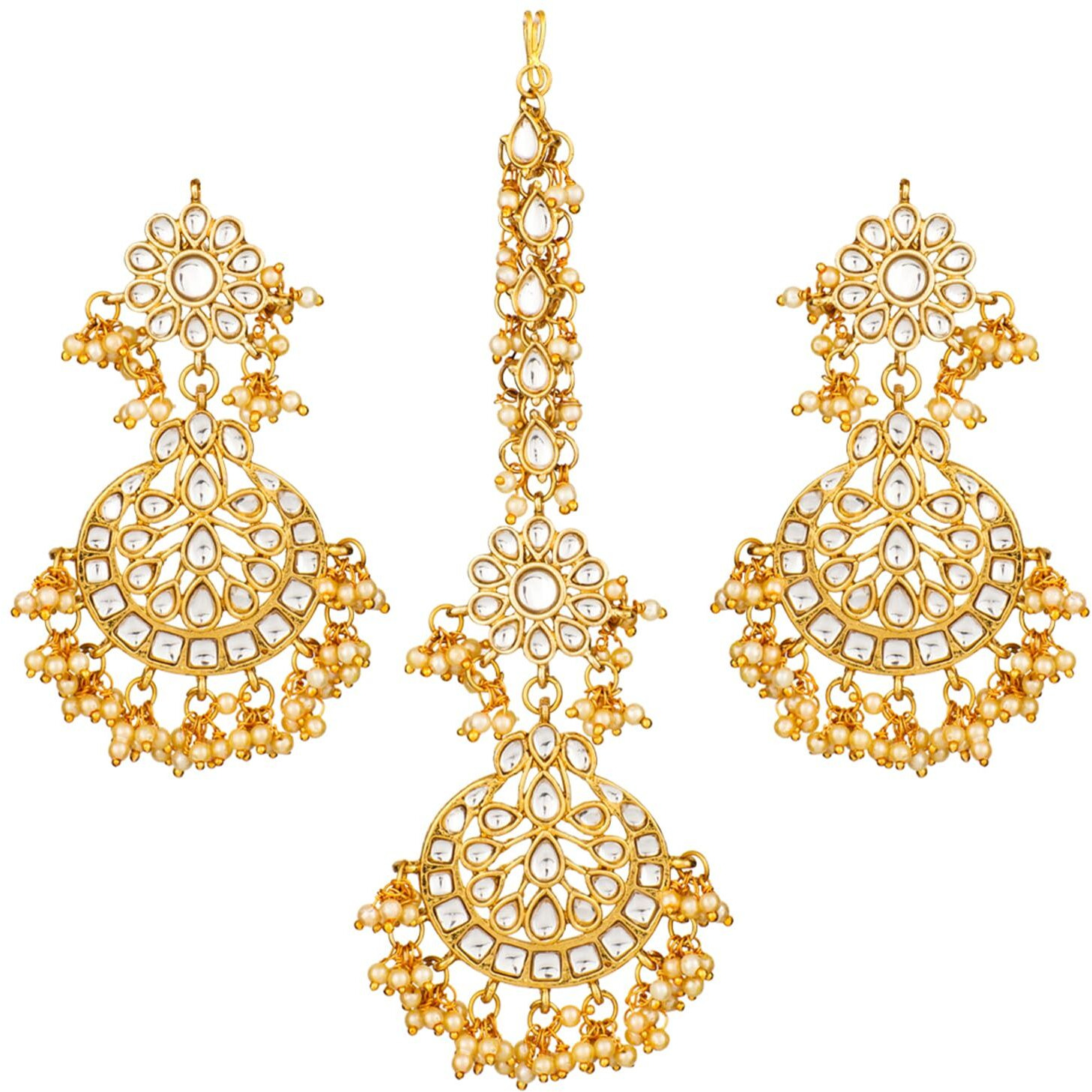 Peora Traditional Jewellery White 18K Gold Plated Kundan and Pearl Maang Tikka Earring Set for Women Girls