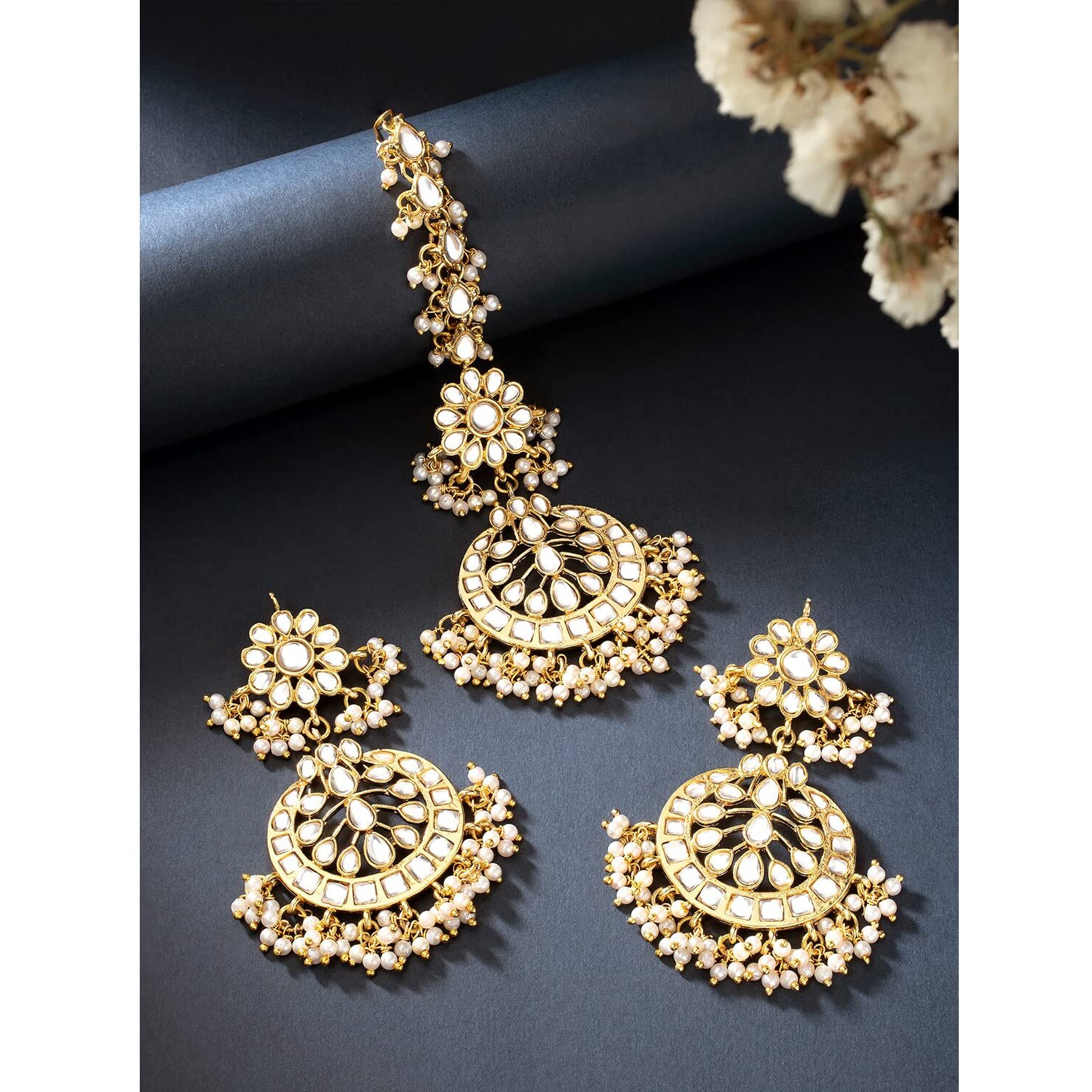 Peora Traditional Jewellery White 18K Gold Plated Kundan and Pearl Maang Tikka Earring Set for Women Girls