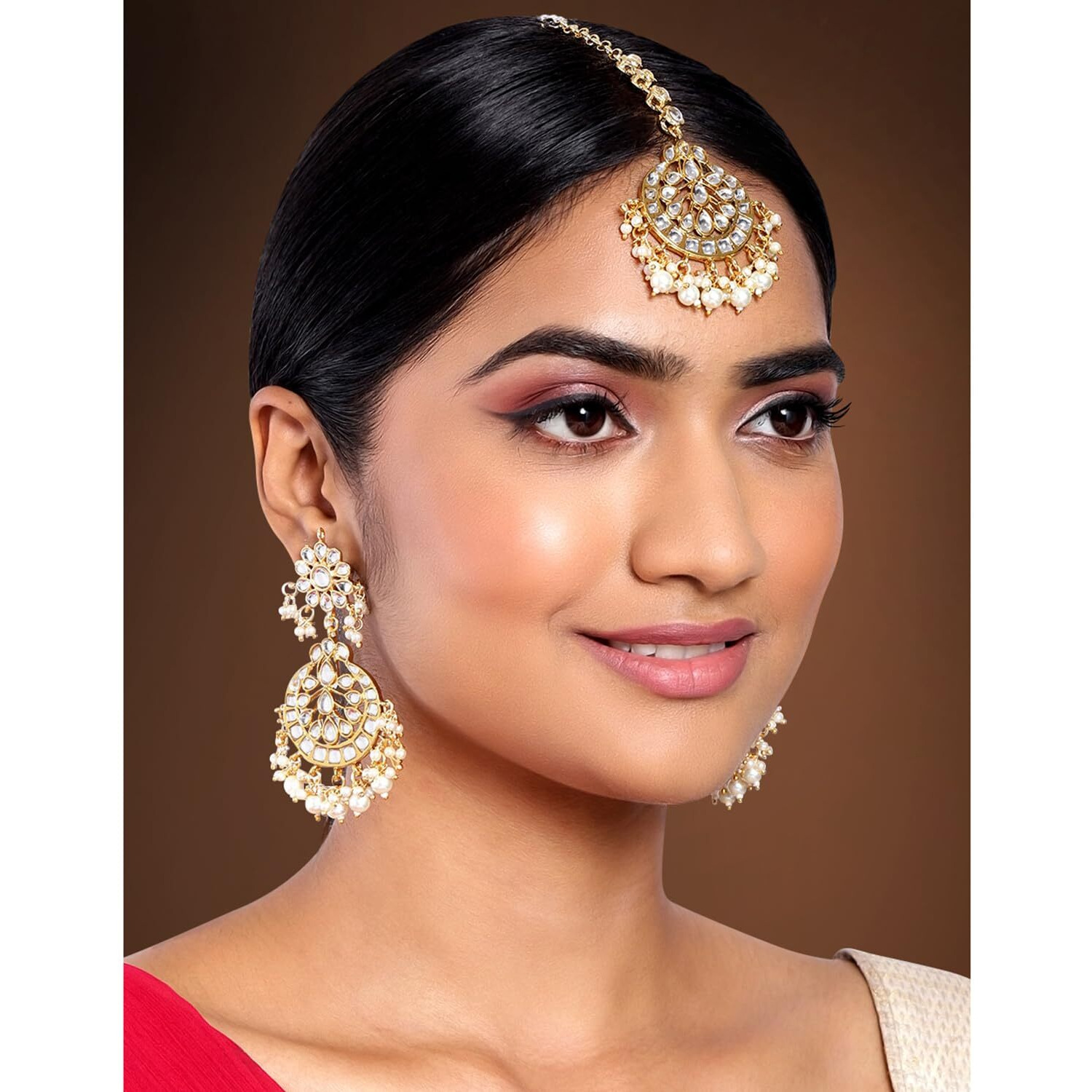Peora Traditional Jewellery White 18K Gold Plated Kundan and Pearl Maang Tikka Earring Set for Women Girls