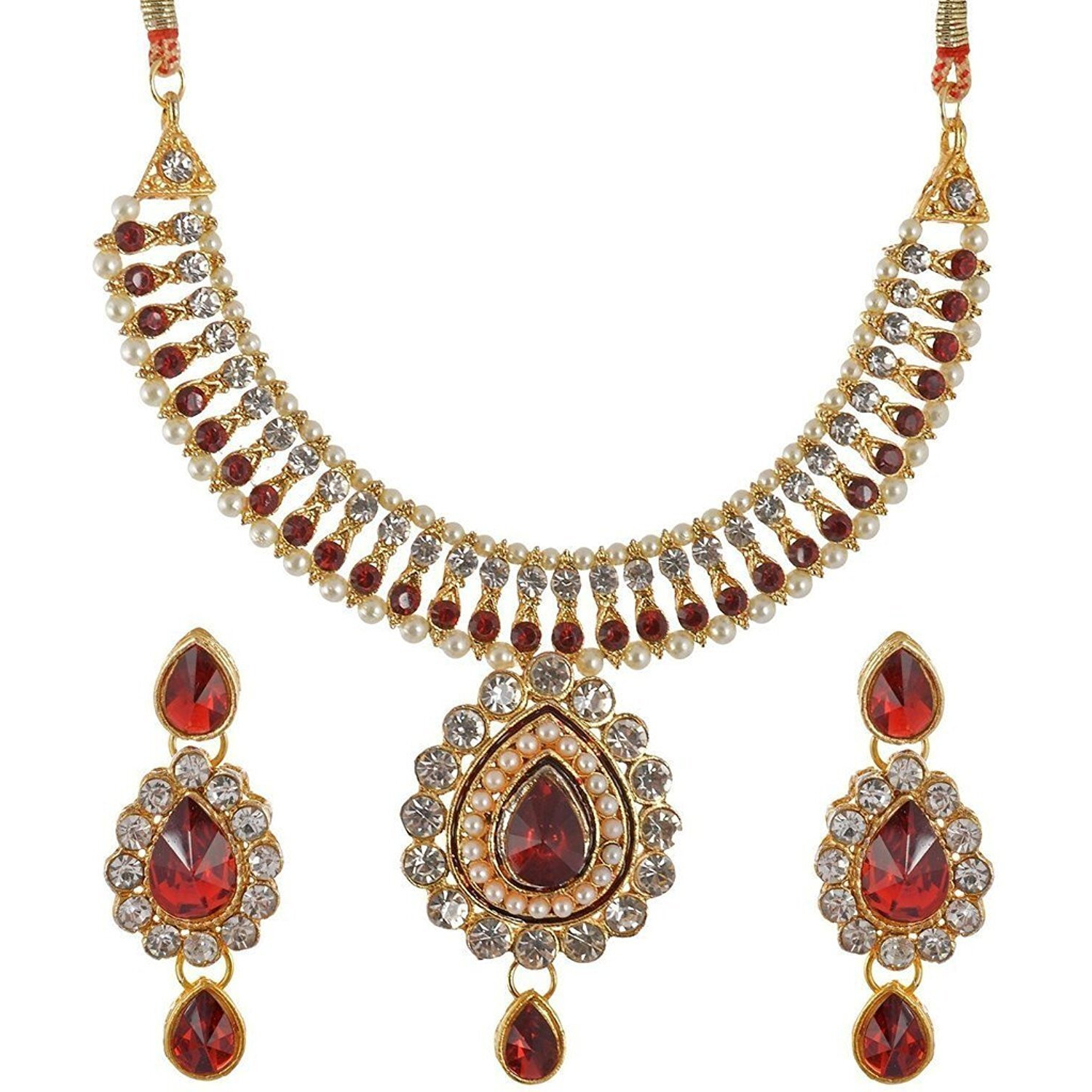 Handicraft Kottage  Gold Plated Strand Necklace Set for Women (Red)