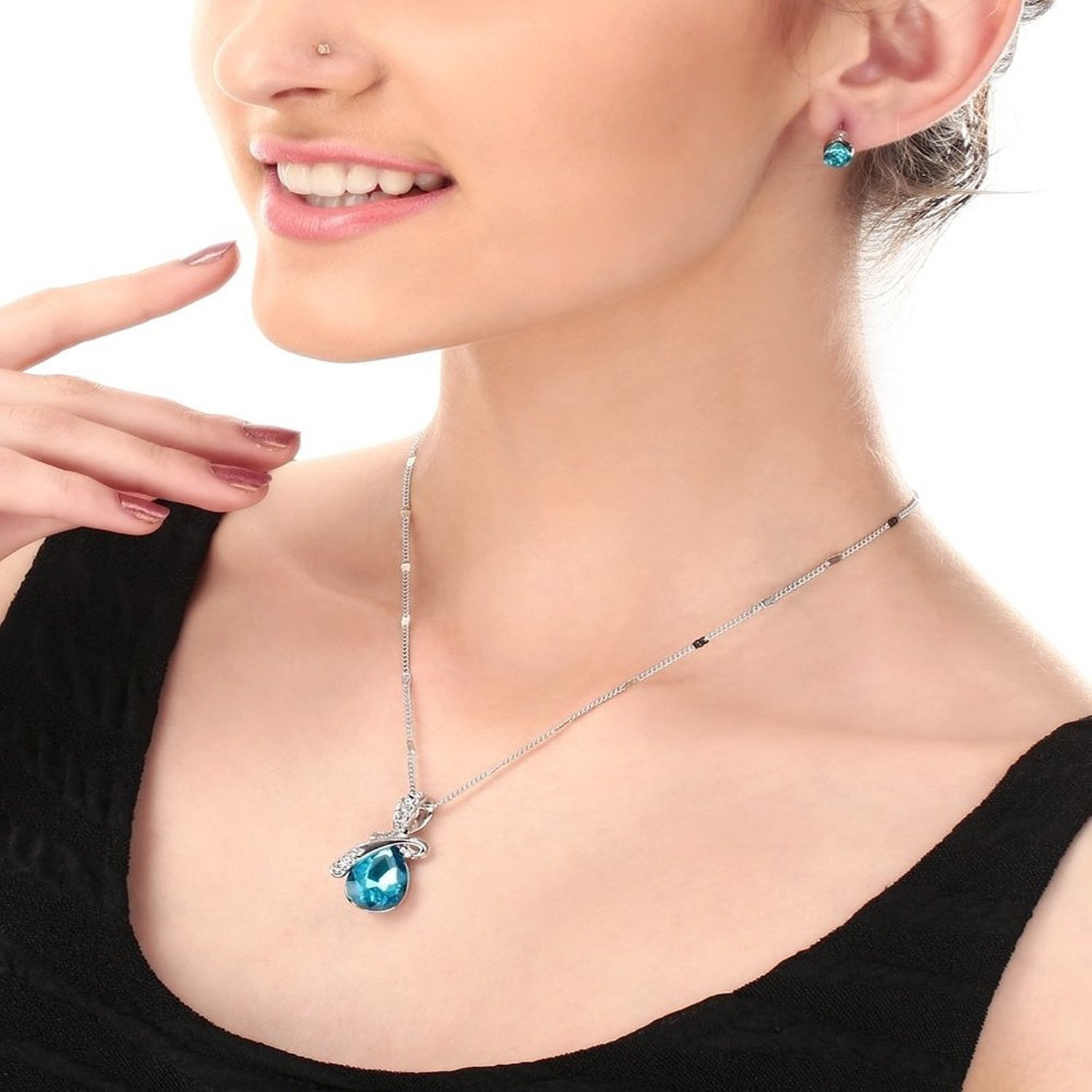 Valentine Gift by Shining Diva Platinum Plated Crystal Jewellery Combo of Pendant Set/Necklace Set with Earrings and Bracelet for Girls & Women(Blue)(vgcmb186)