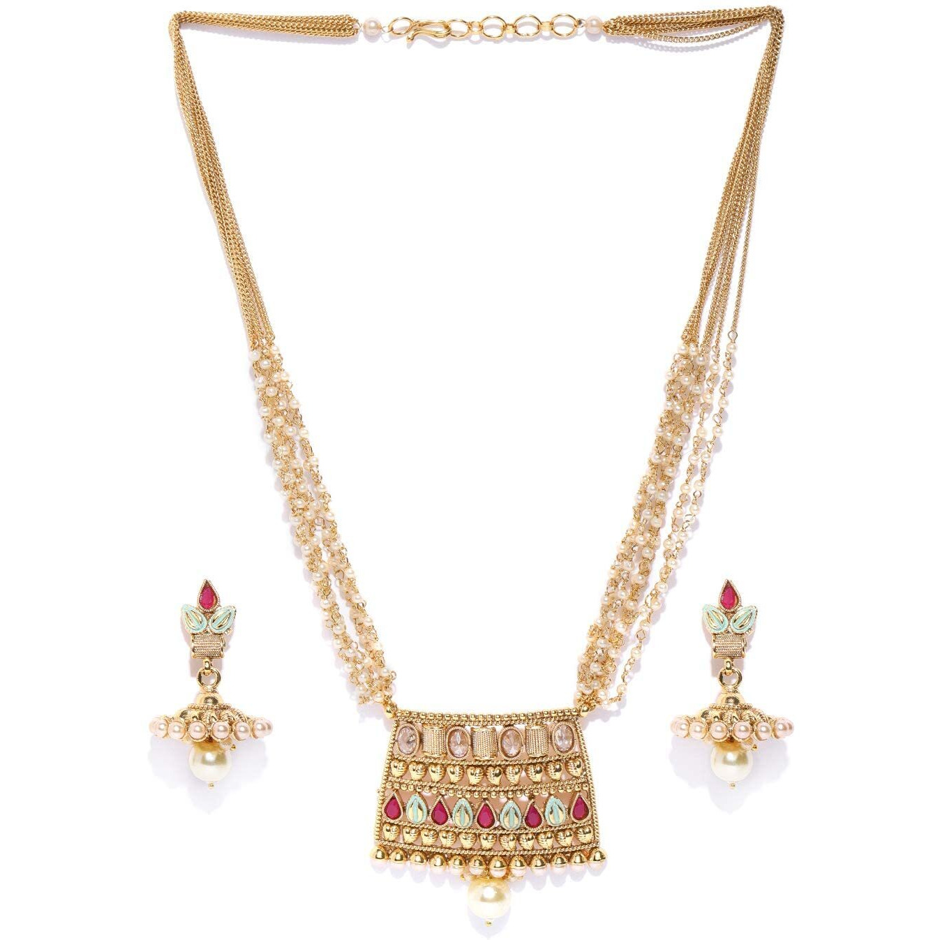 Priyaasi Multicolor Geometric Pattern Traditional Jewellery Set for Women with Jhumka Earrings | Gold-Plated | Layered Chain Pearls Jewellery Set for Women | Wedding, Puja