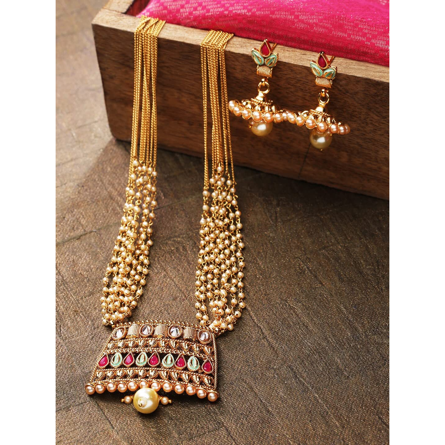 Priyaasi Multicolor Geometric Pattern Traditional Jewellery Set for Women with Jhumka Earrings | Gold-Plated | Layered Chain Pearls Jewellery Set for Women | Wedding, Puja