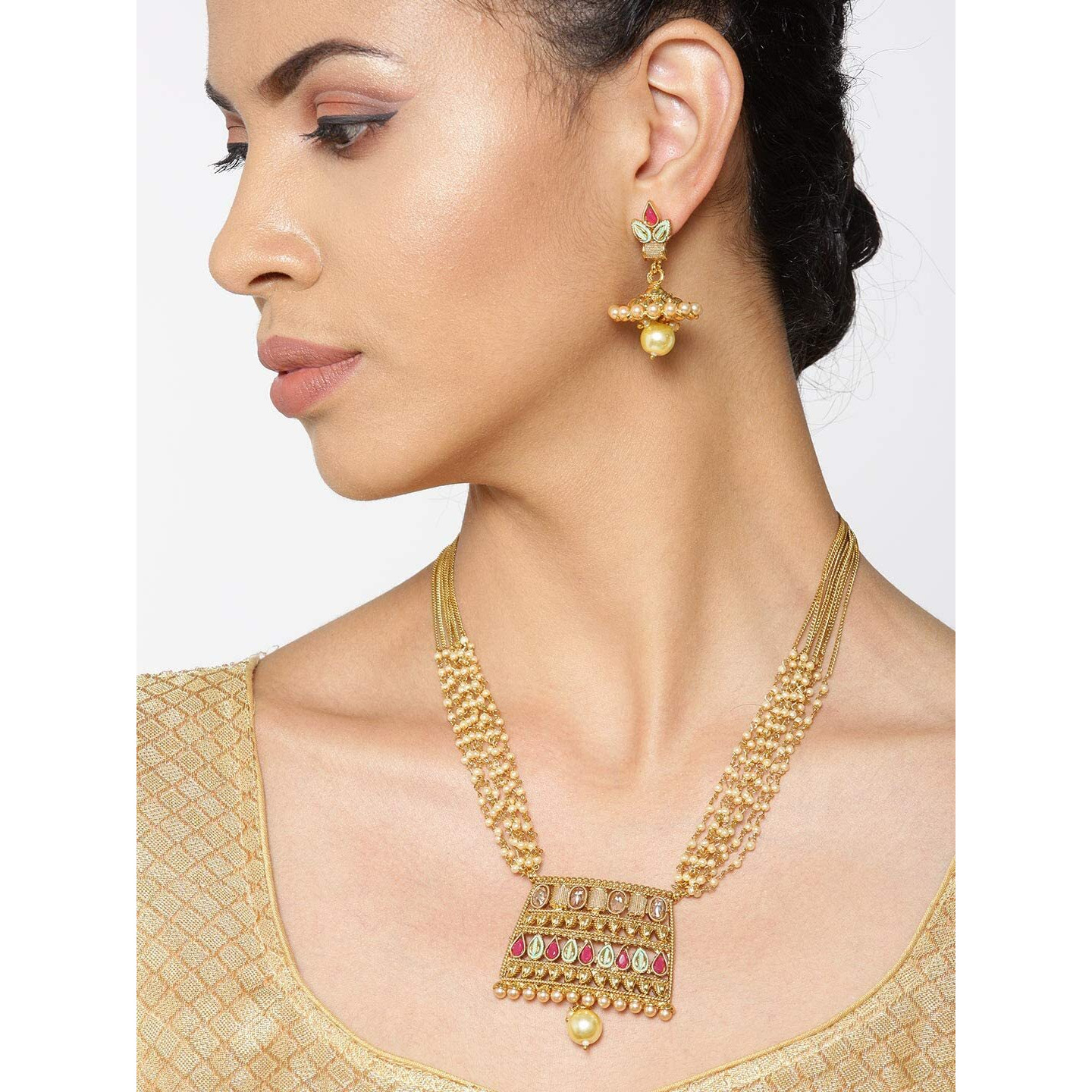 Priyaasi Multicolor Geometric Pattern Traditional Jewellery Set for Women with Jhumka Earrings | Gold-Plated | Layered Chain Pearls Jewellery Set for Women | Wedding, Puja