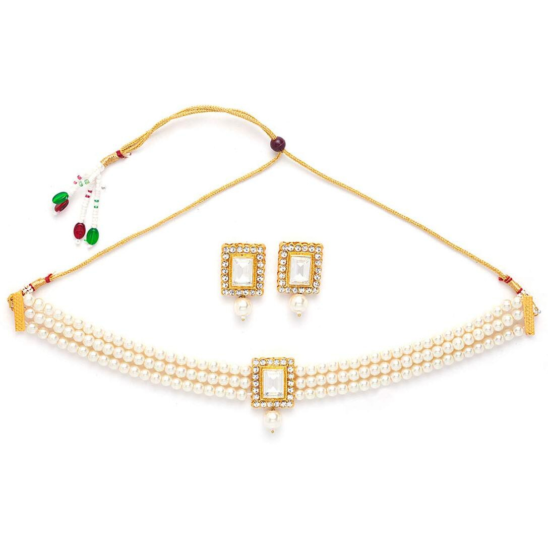 Shining Diva Fashion Latest Stylish Pearl Choker Necklace Jewellery Set for Women (White) (12287s)