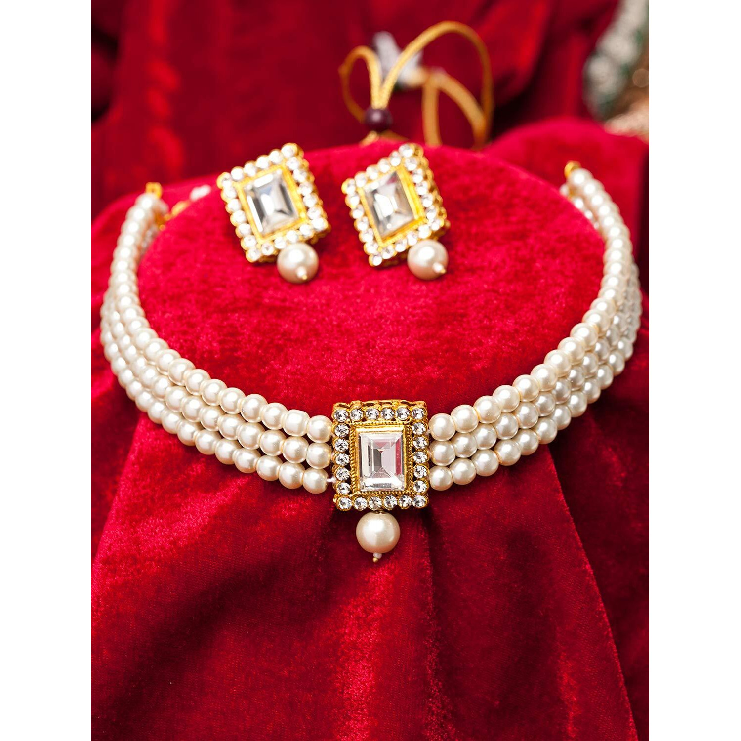 Shining Diva Fashion Latest Stylish Pearl Choker Necklace Jewellery Set for Women (White) (12287s)