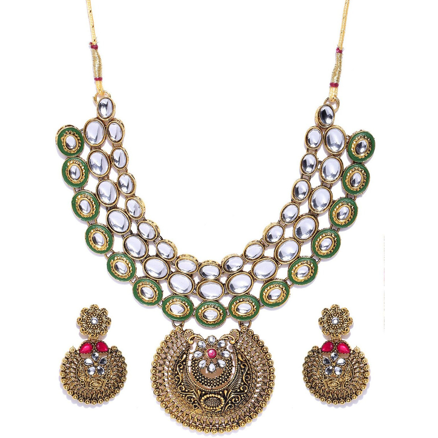 ZAVERI PEARLS Antique Gold Tone Finely Detailed Kundan Necklace Set For Women-ZPFK7248