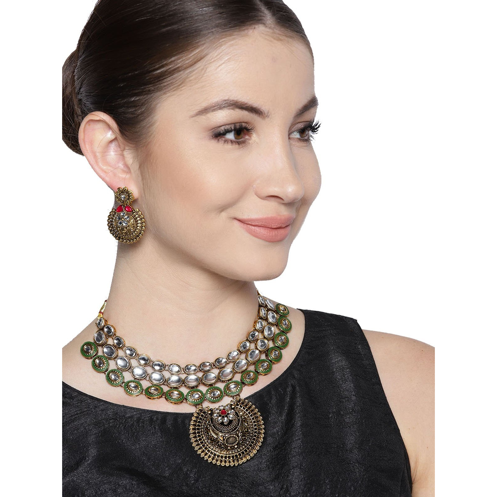 ZAVERI PEARLS Antique Gold Tone Finely Detailed Kundan Necklace Set For Women-ZPFK7248