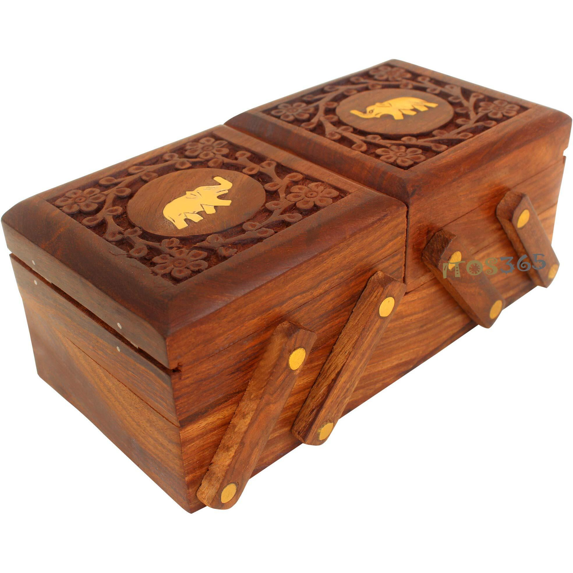 ITOS365 Handmade Wooden Jewellery Box for Women Jewel Organizer Hand Carved Carvings Elephant Charm Gift Items